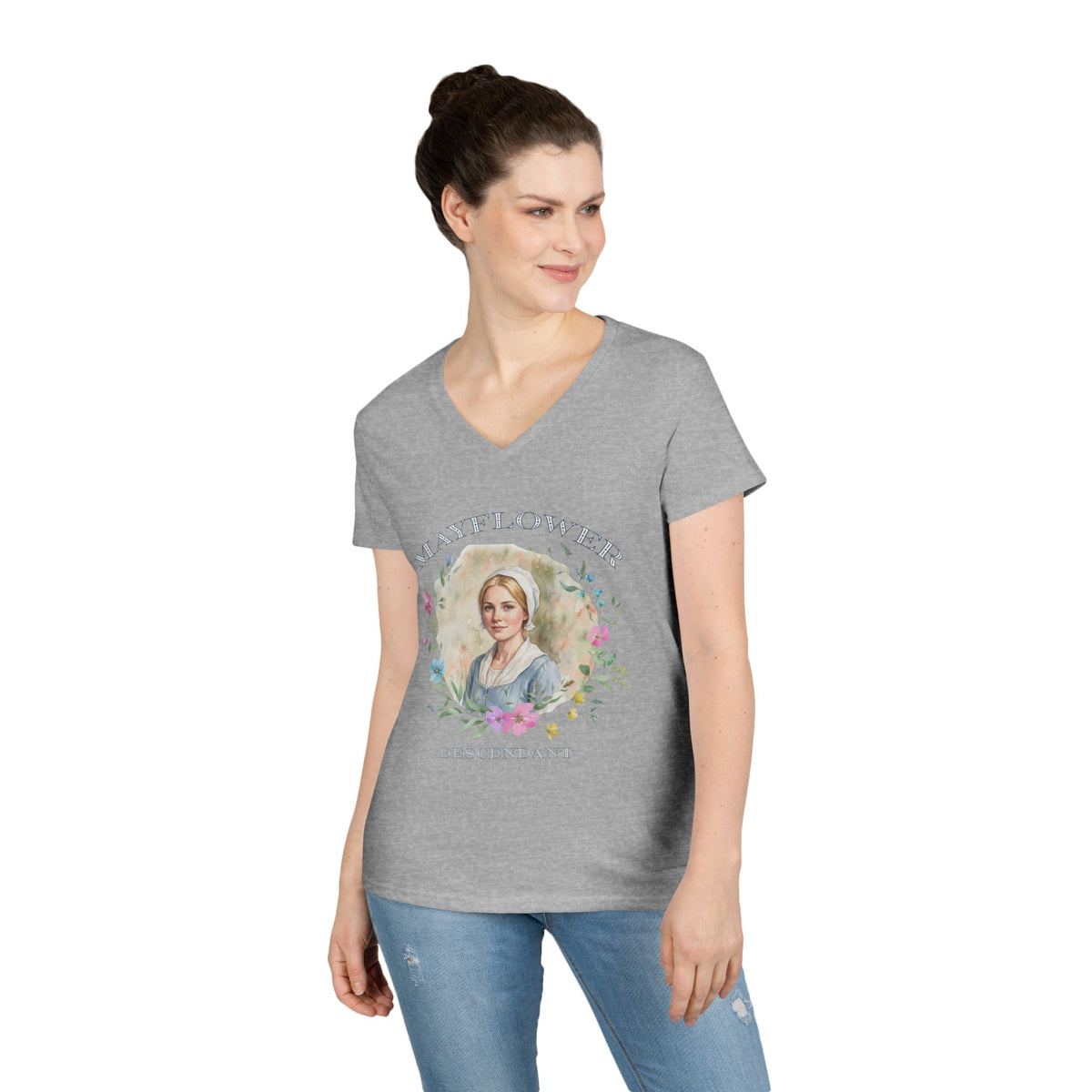 "Mayflower Maiden" Portrait V-Neck Tee - Extra Large Sizes