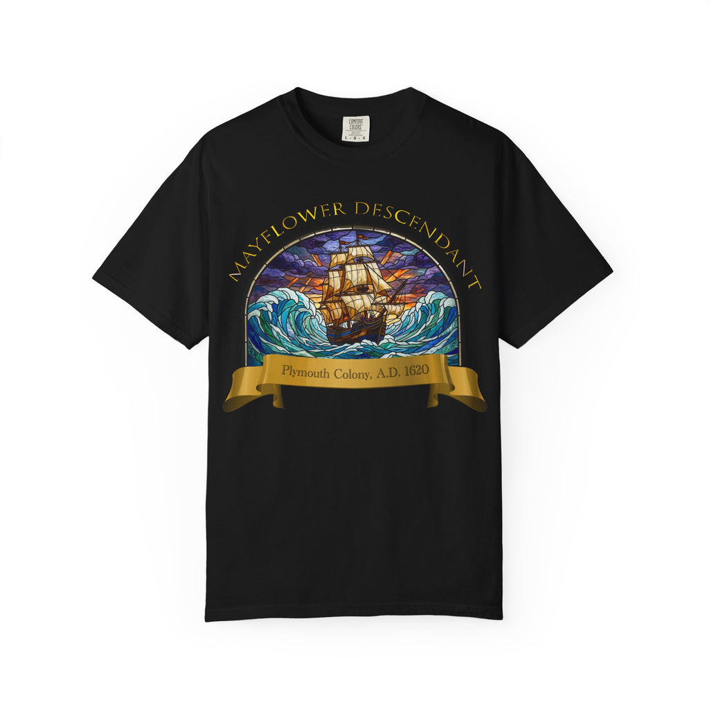T-Shirt — "Mayflower Descendant: Plymouth Colony A.D. 1620" Vintage Ship Design