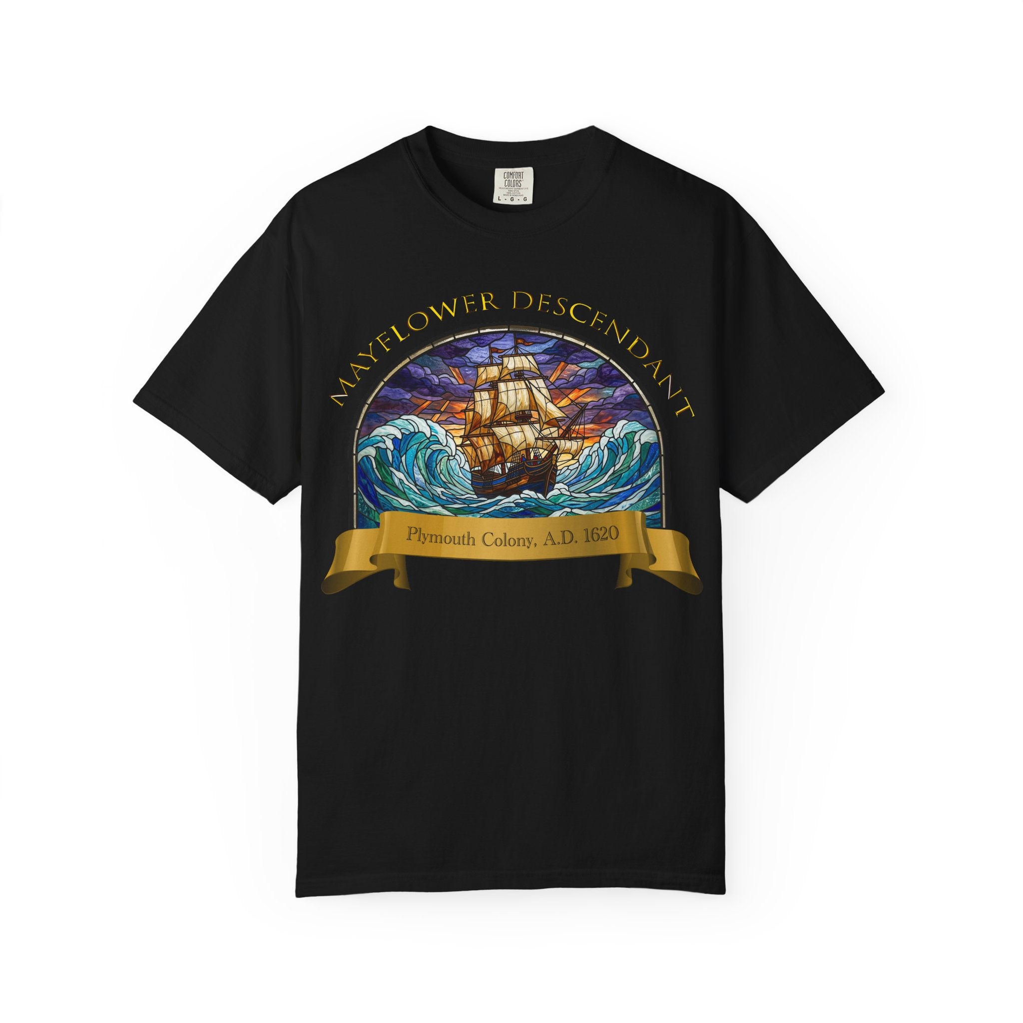 T-Shirt — "Mayflower Descendant: Plymouth Colony A.D. 1620" Vintage Ship Design