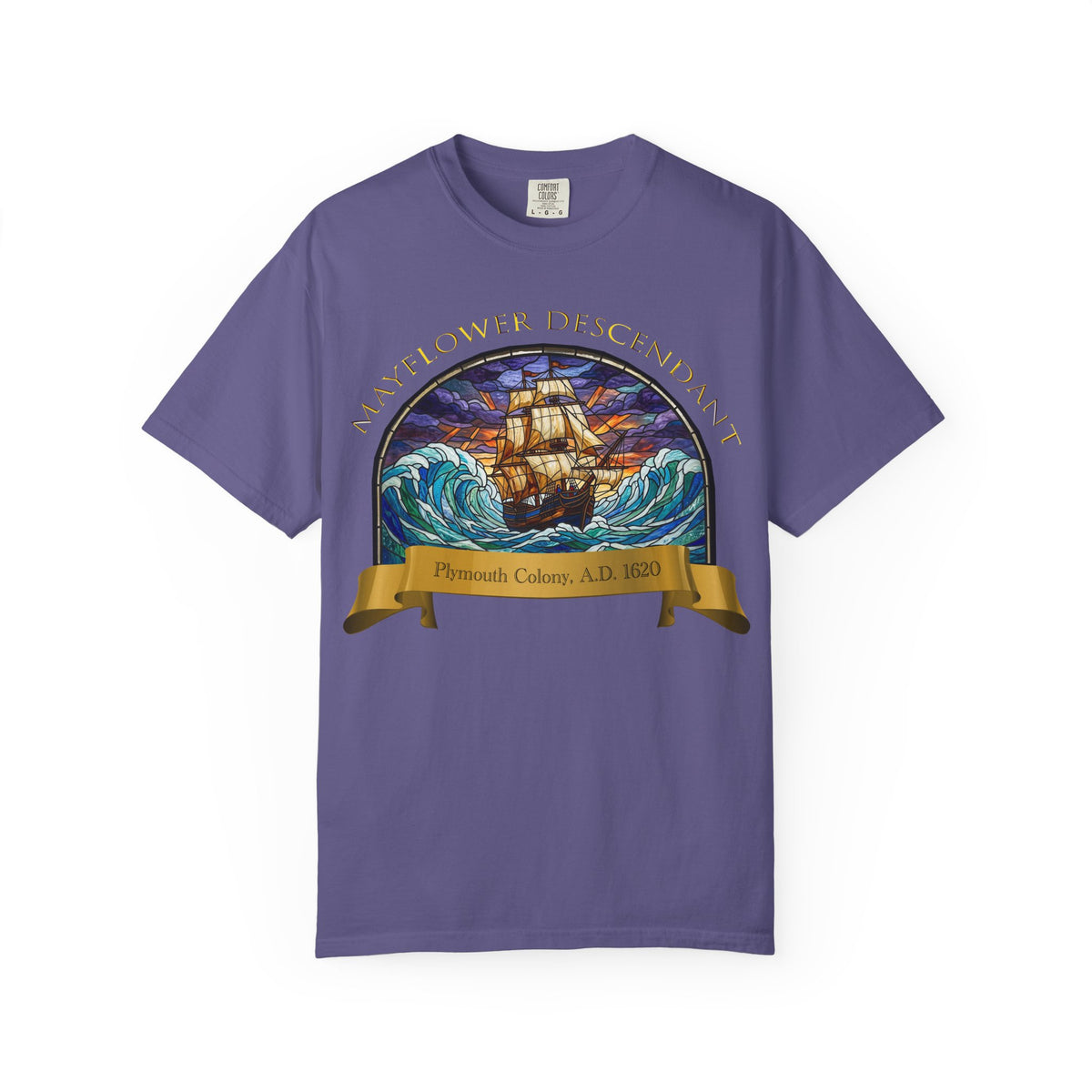 T-Shirt — "Mayflower Descendant: Plymouth Colony A.D. 1620" Vintage Ship Design
