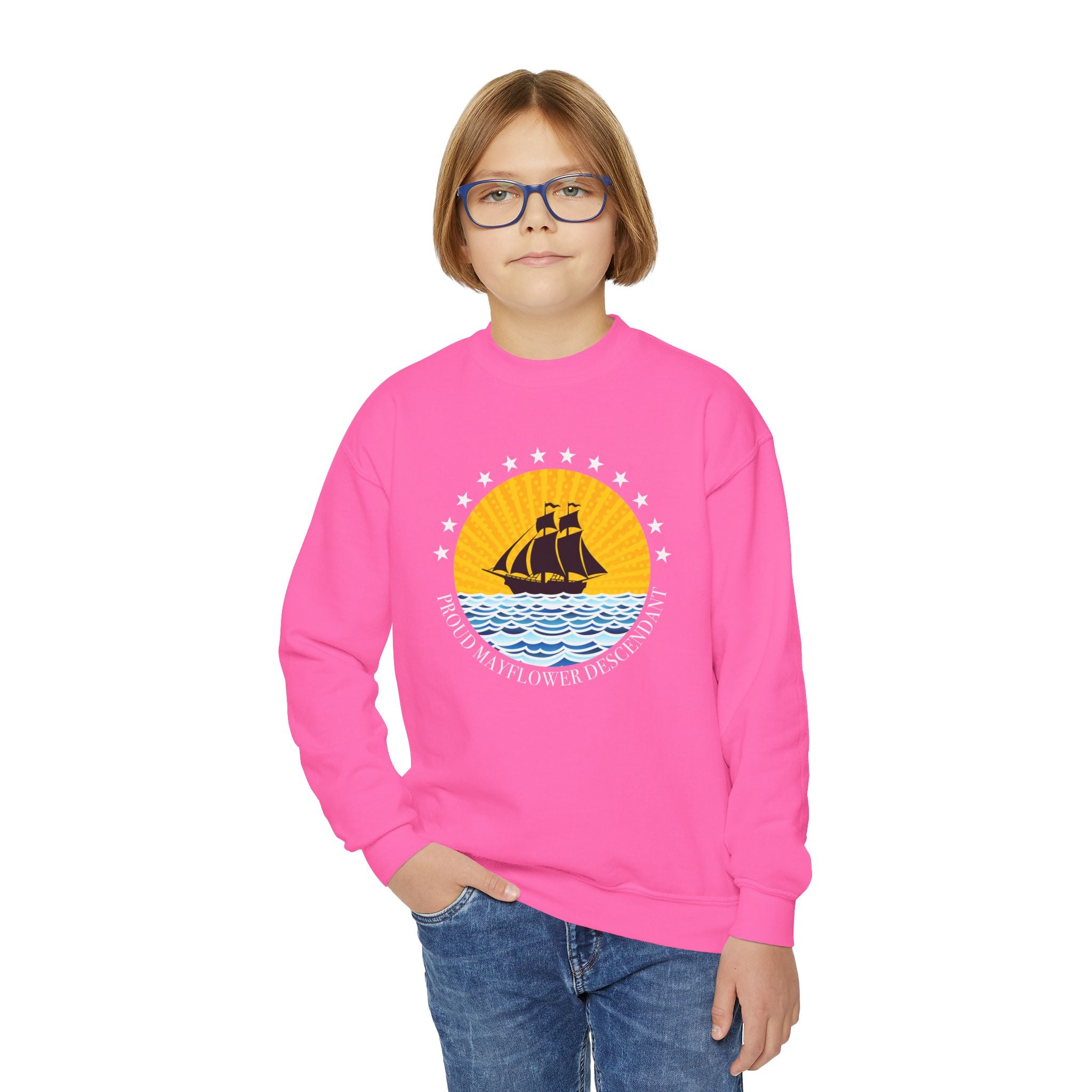 Youth Crewneck Sweatshirt — Proud Mayflower Descendant