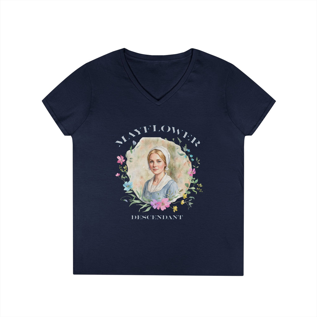 "Mayflower Maiden" Portrait V-Neck Tee - Extra Large Sizes