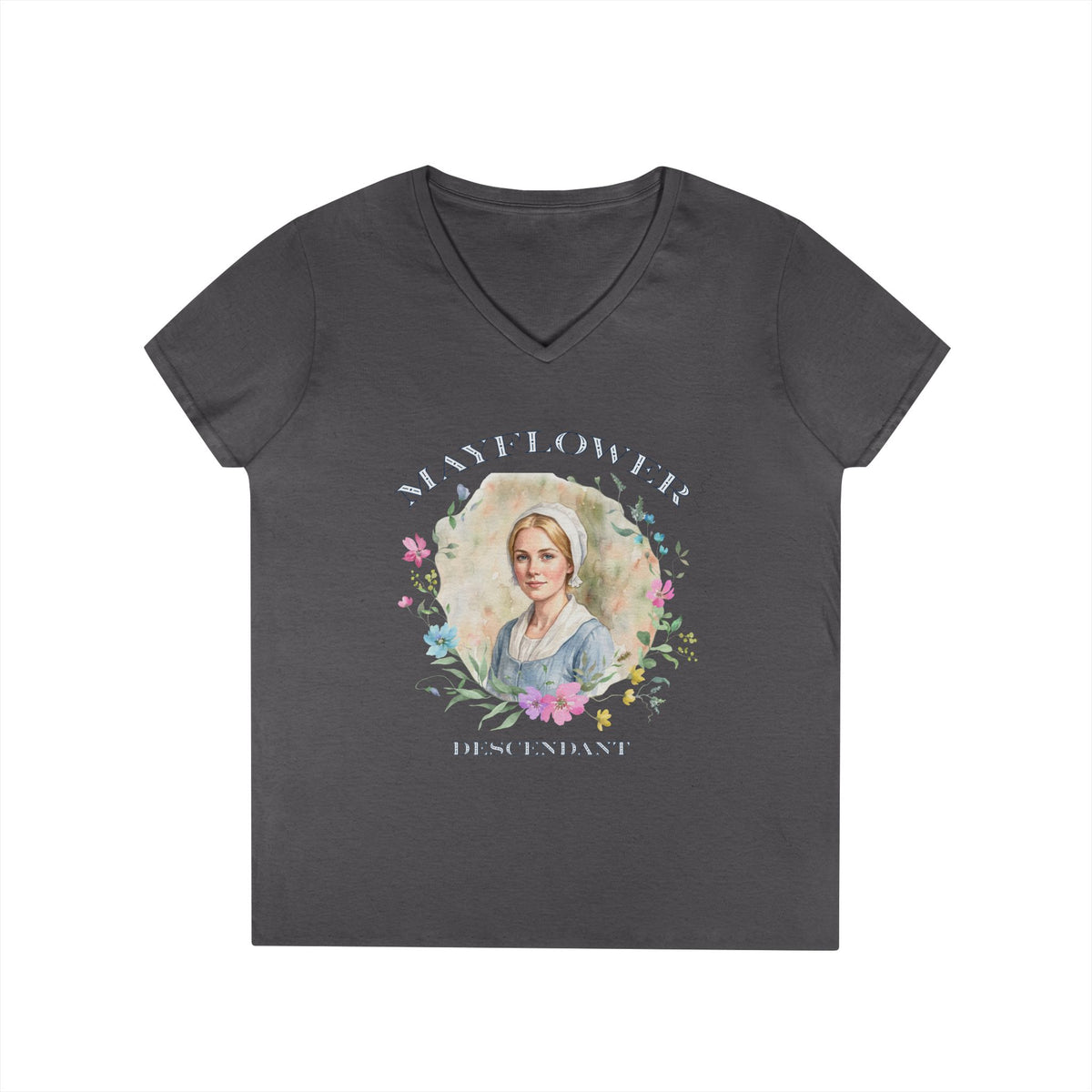 "Mayflower Maiden" Portrait V-Neck Tee - Extra Large Sizes