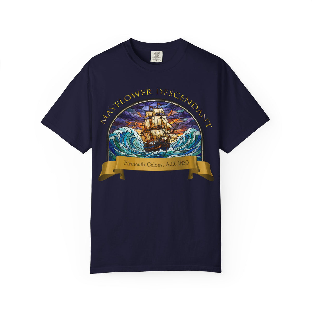 T-Shirt — "Mayflower Descendant: Plymouth Colony A.D. 1620" Vintage Ship Design
