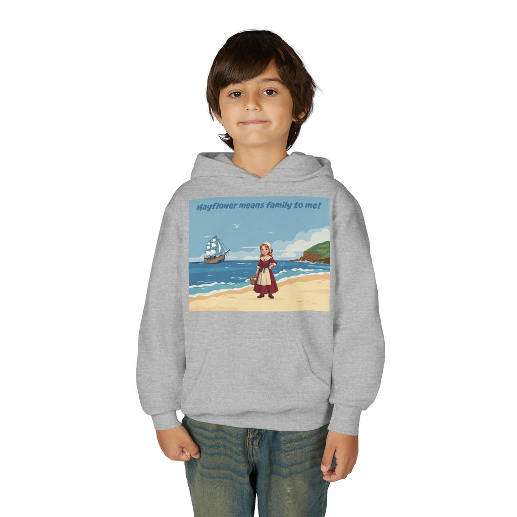 Youth Mayflower Descendant Hoodie - Pilgrim Girl Illustration