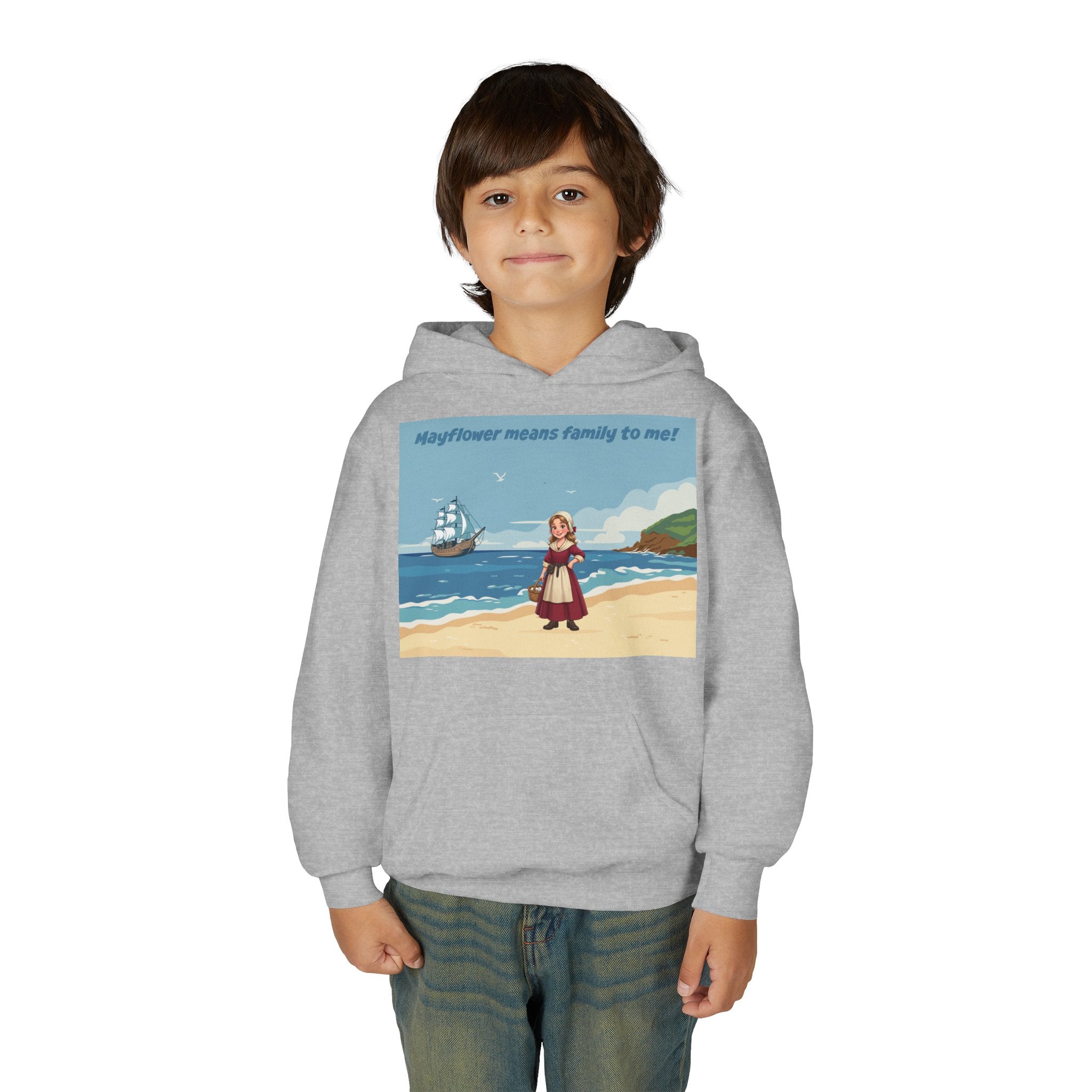 Youth Mayflower Descendant Hoodie - Pilgrim Girl Illustration