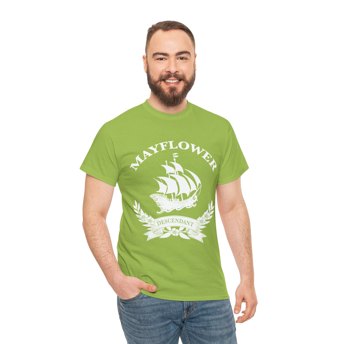 Mayflower Descendant Tee with Vintage Ship and Banner