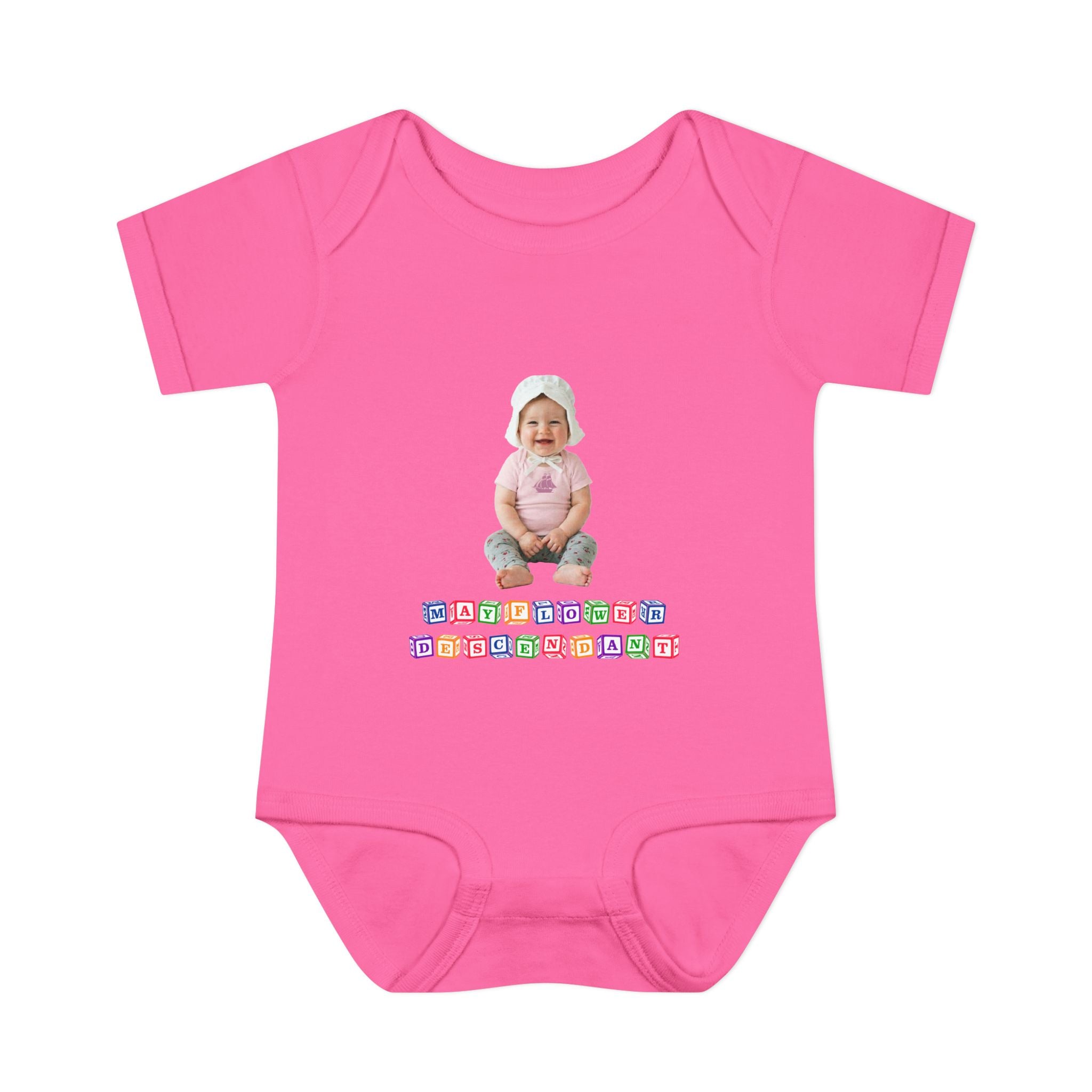 Mayflower Descendant Bodysuit for Baby Girls — Alphabet Blocks Motif