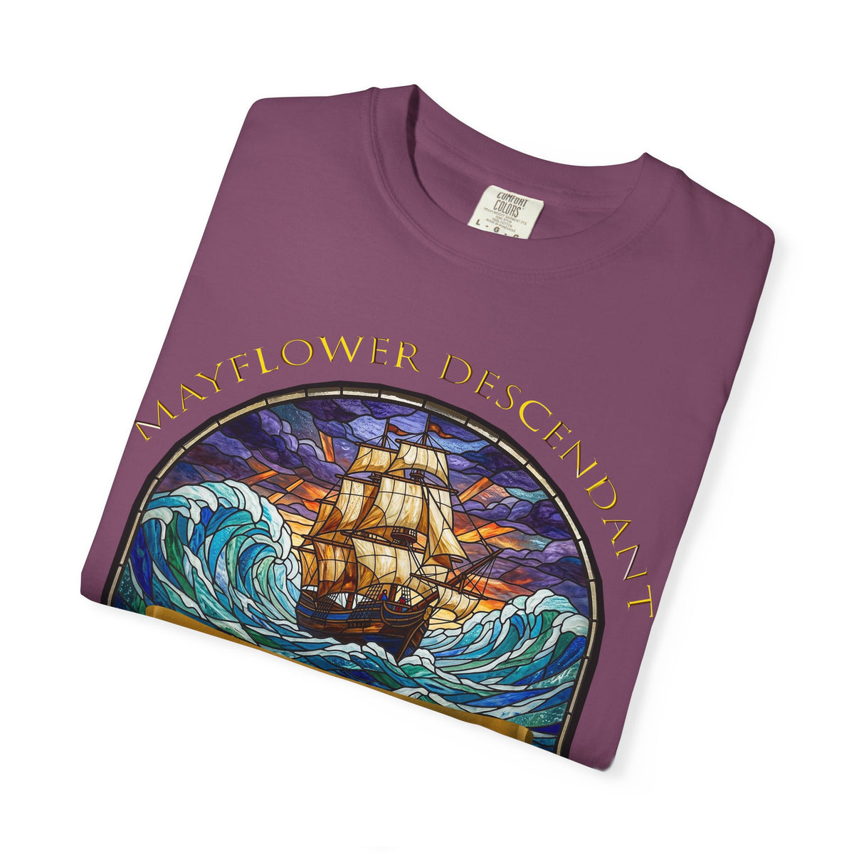 T-Shirt — "Mayflower Descendant: Plymouth Colony A.D. 1620" Vintage Ship Design