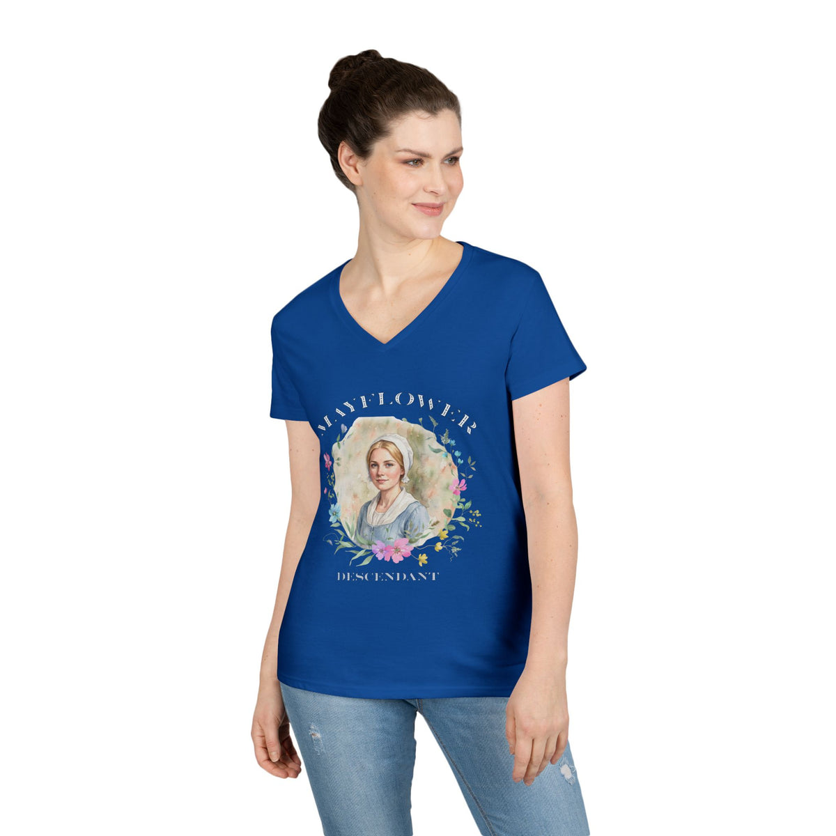 "Mayflower Maiden" Portrait V-Neck Tee - Extra Large Sizes
