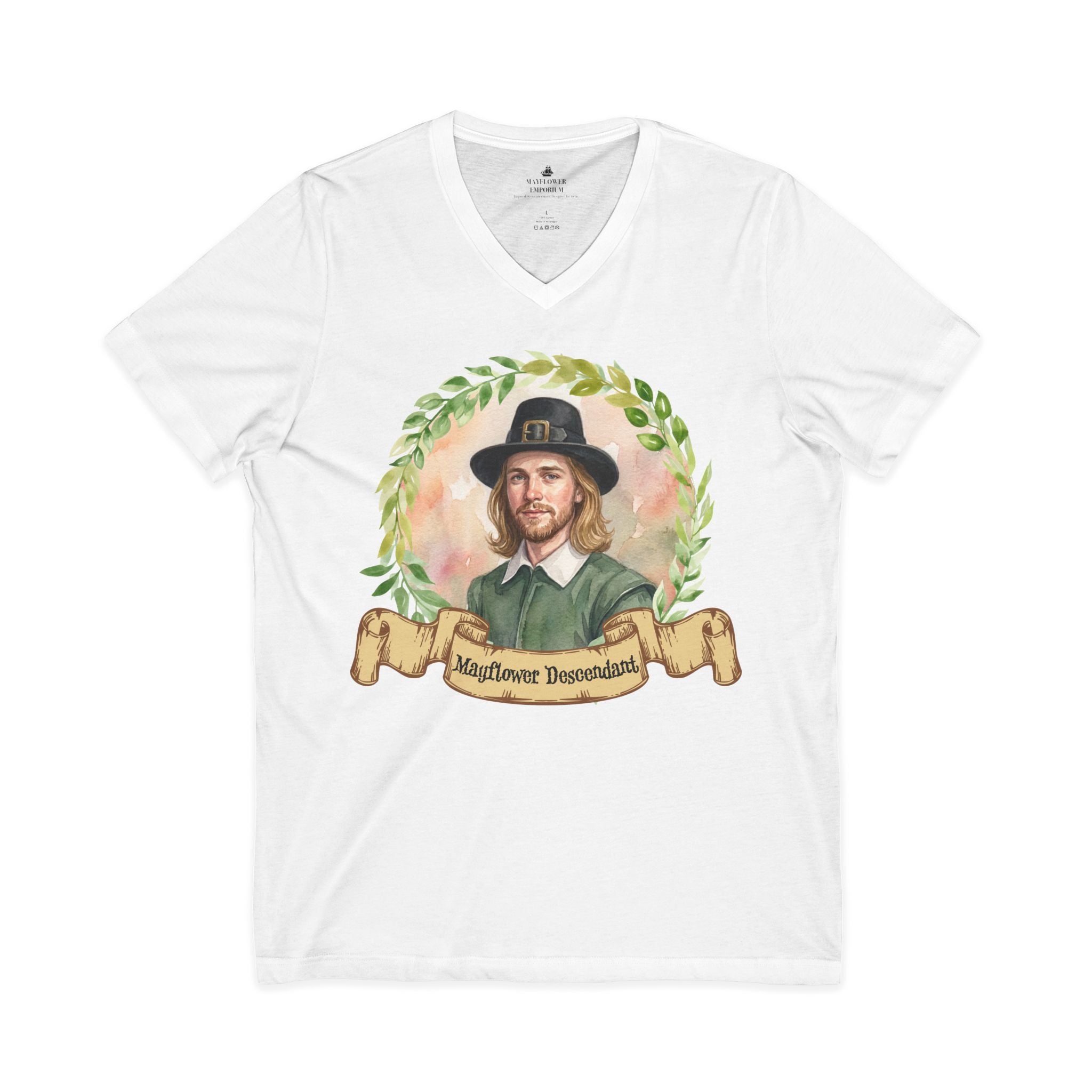 Young Mayflower Pilgrim Portrait V-Neck Tee