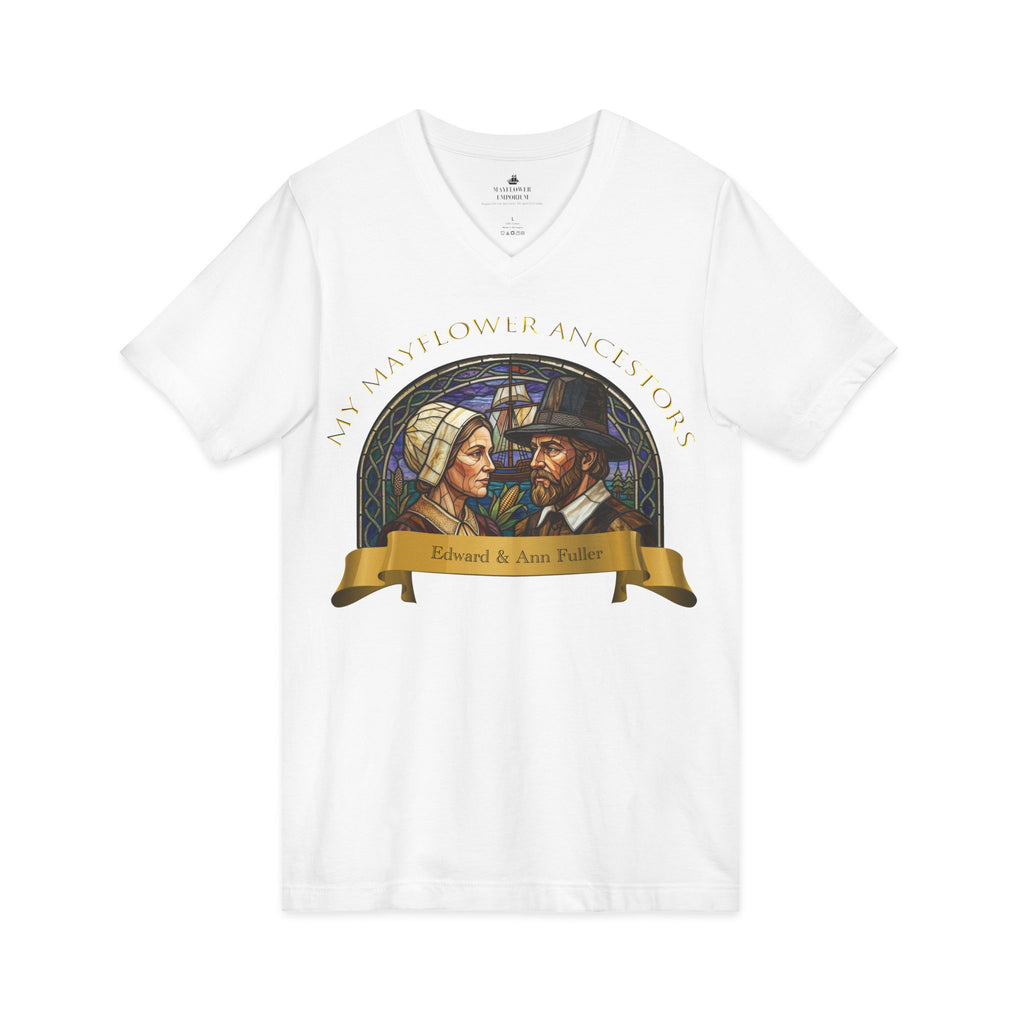 Mayflower Ancestors V-Neck Tee — Fuller Pilgrim Couple Shirt