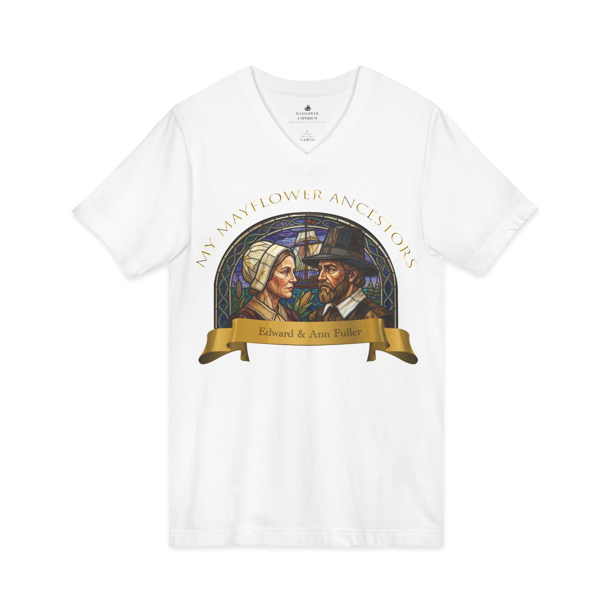 Mayflower Ancestors V-Neck Tee — Fuller Pilgrim Couple Shirt