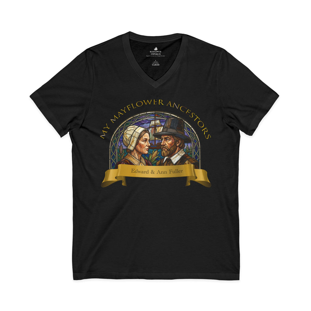 Mayflower Ancestors V-Neck Tee — Fuller Pilgrim Couple Shirt