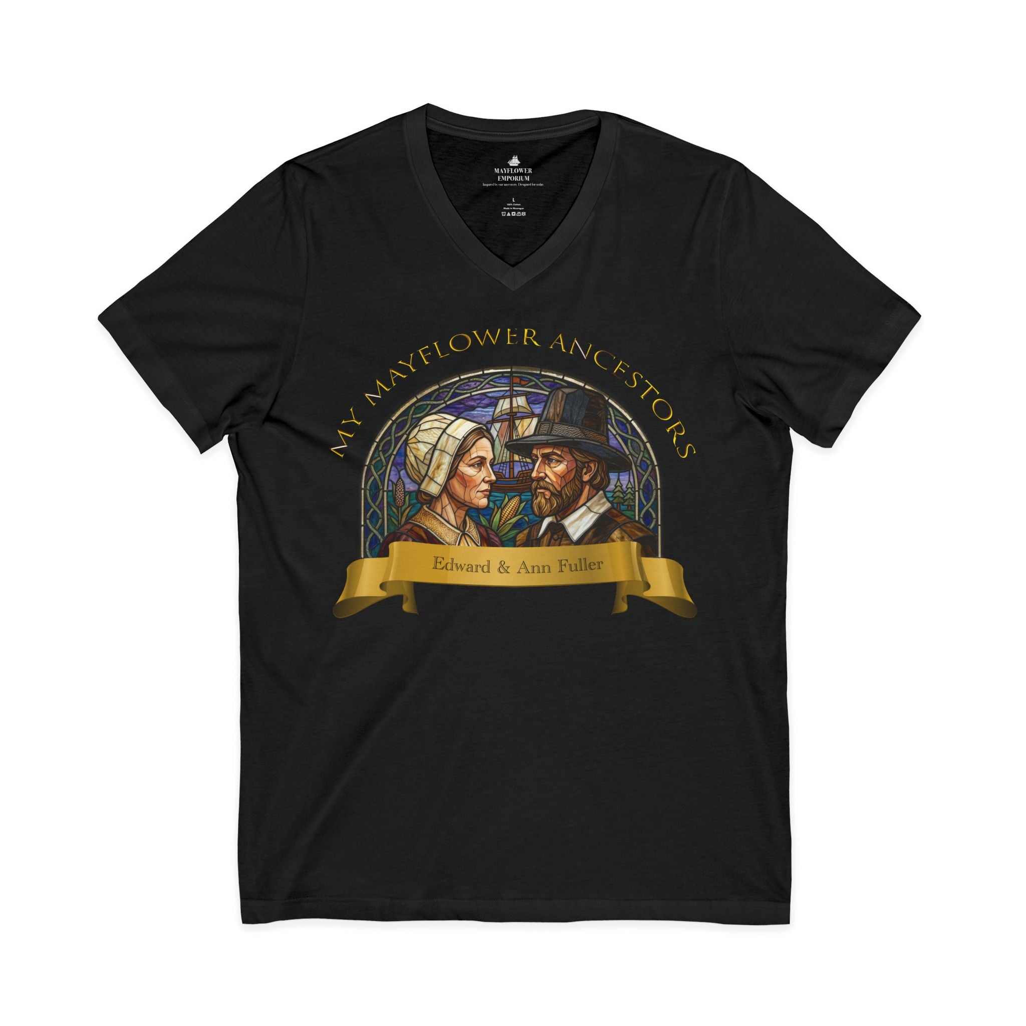 Mayflower Ancestors V-Neck Tee — Fuller Pilgrim Couple Shirt