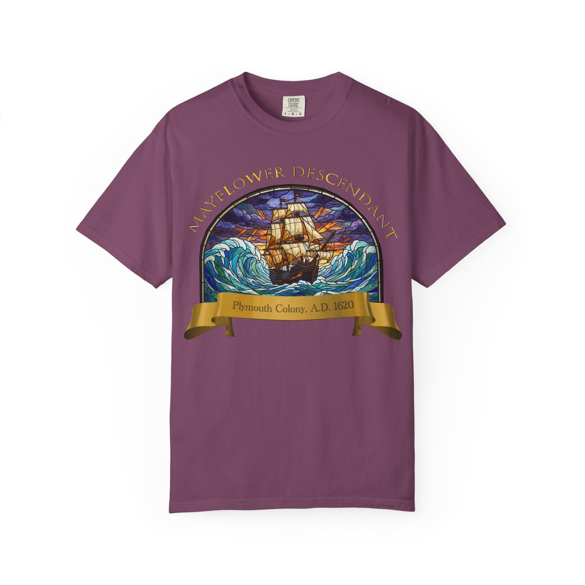 T-Shirt — "Mayflower Descendant: Plymouth Colony A.D. 1620" Vintage Ship Design