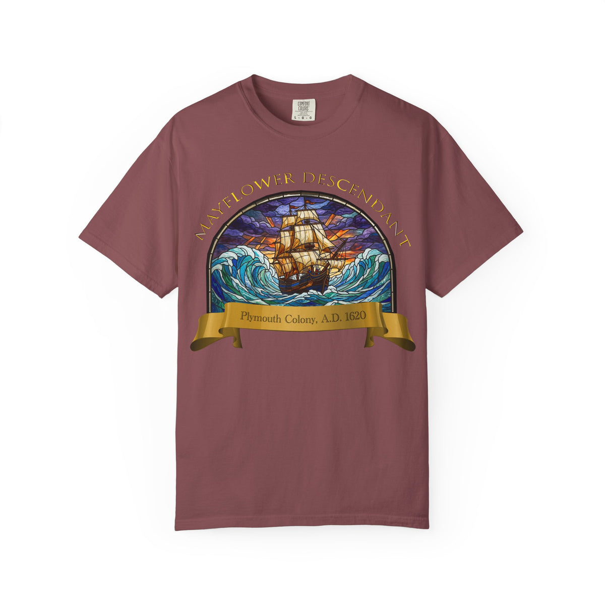 T-Shirt — "Mayflower Descendant: Plymouth Colony A.D. 1620" Vintage Ship Design