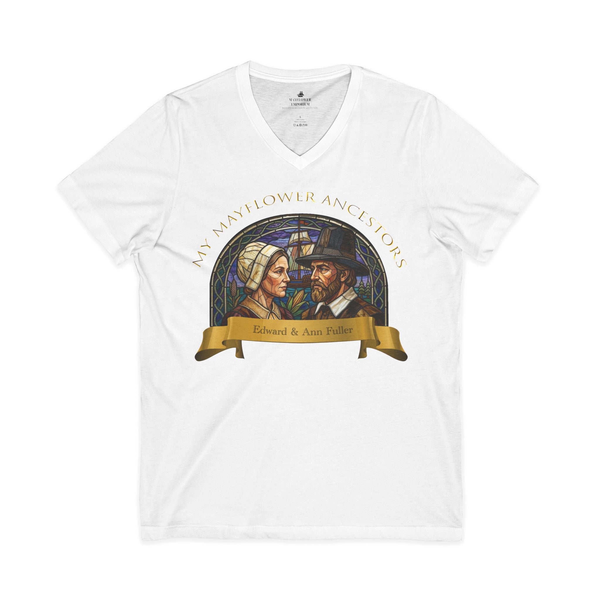 Mayflower Ancestors V-Neck Tee — Fuller Pilgrim Couple Shirt