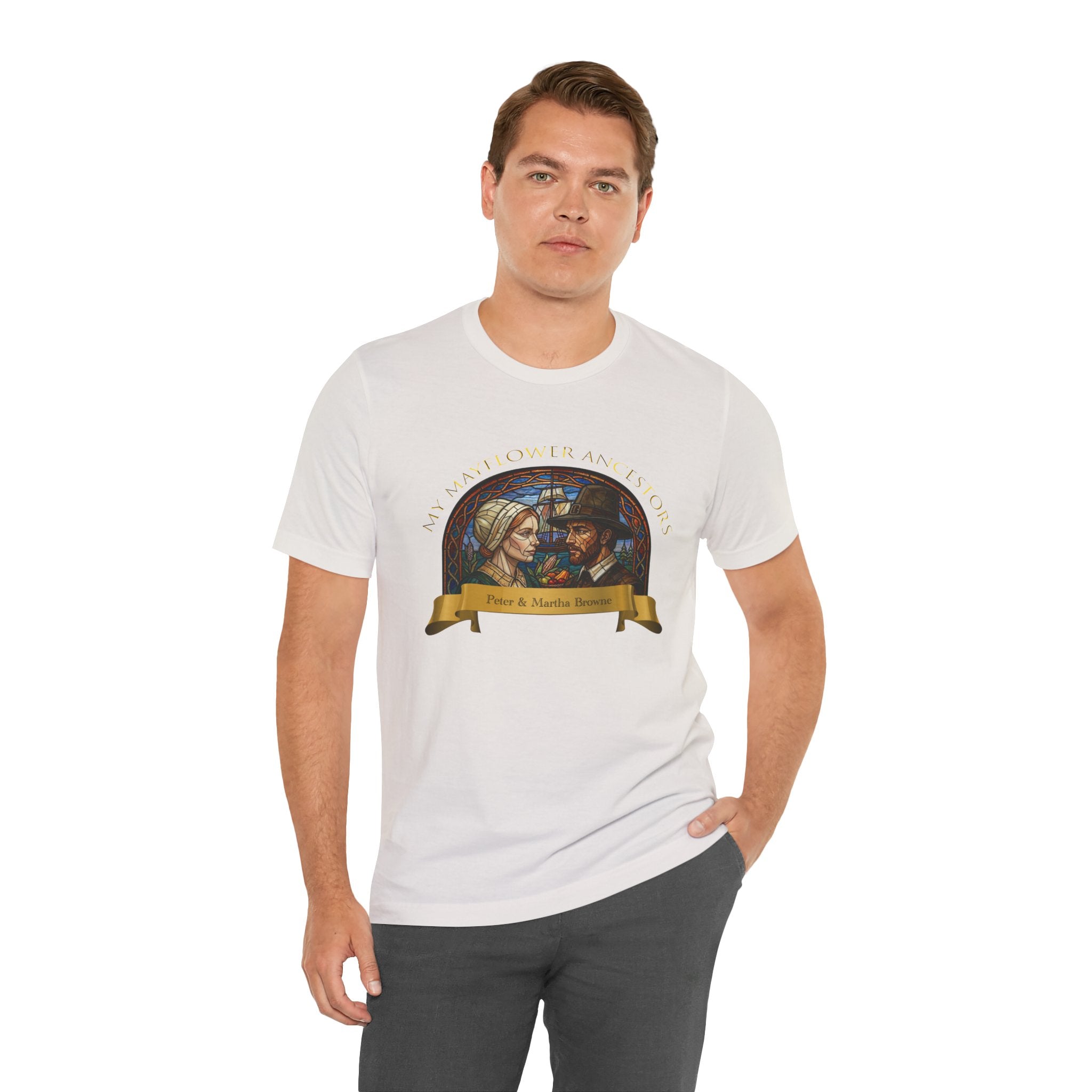 Mayflower Pilgrim “Stained Glass” Tee — Peter and Martha Browne