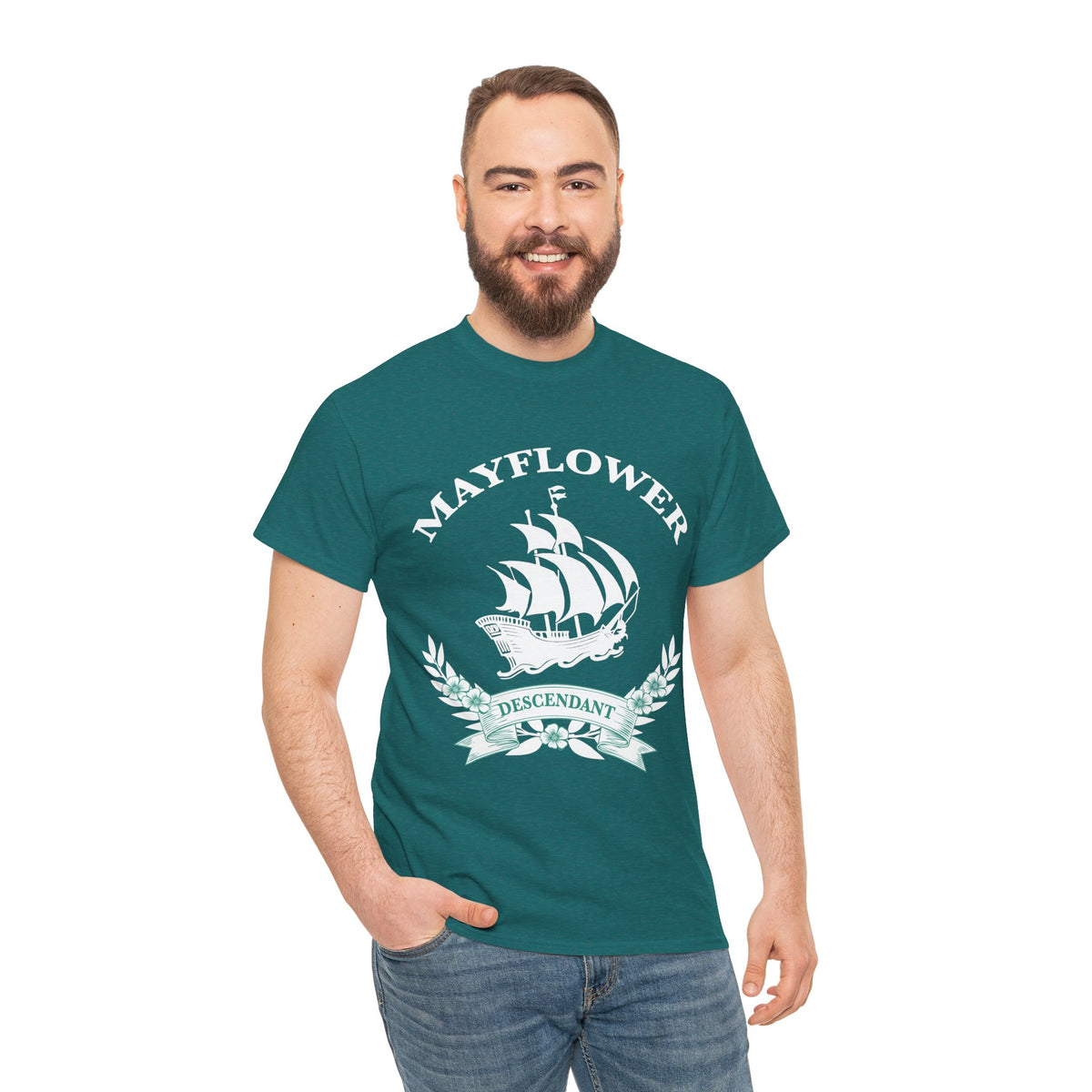 Mayflower Descendant Tee with Vintage Ship and Banner