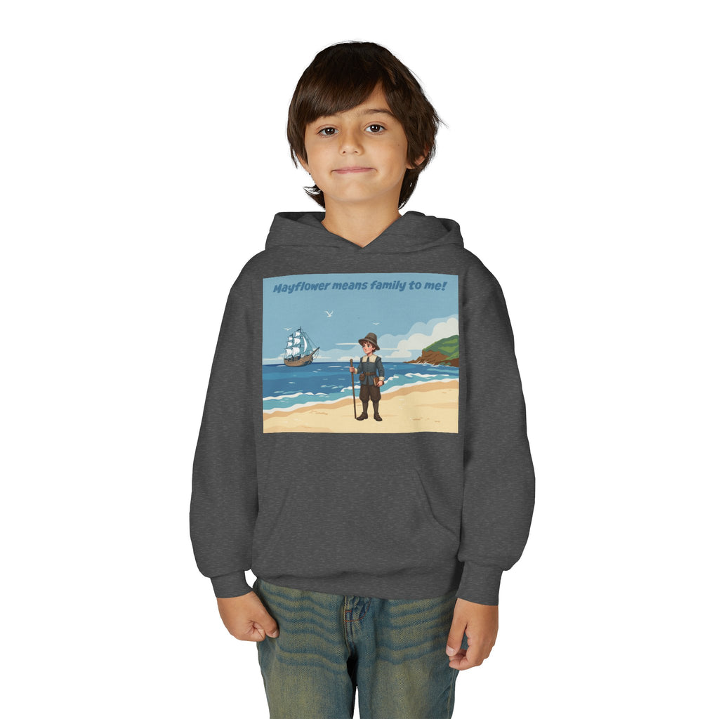 Youth Mayflower Descendant Hoodie - Pilgrim Boy Illustration