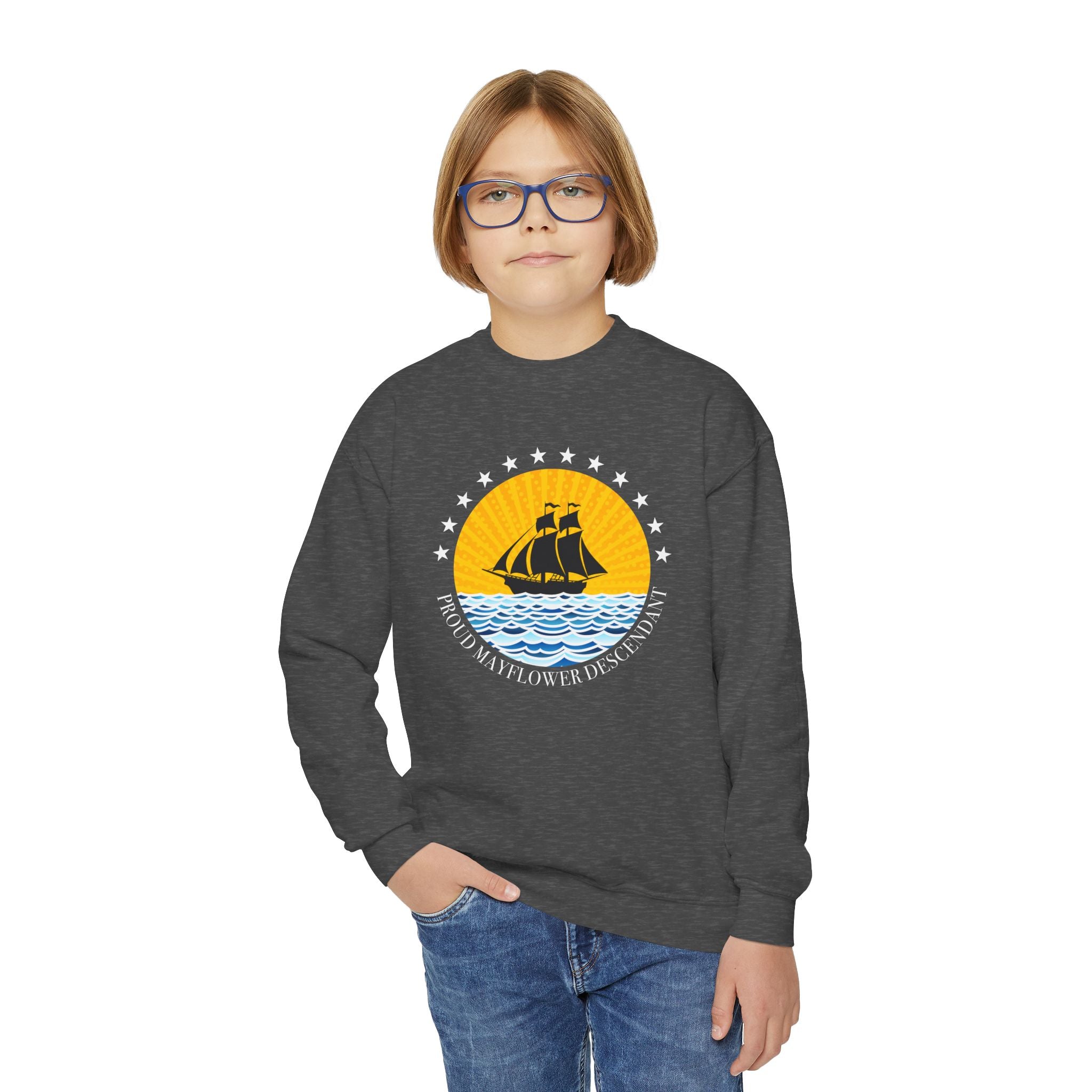 Youth Crewneck Sweatshirt — Proud Mayflower Descendant