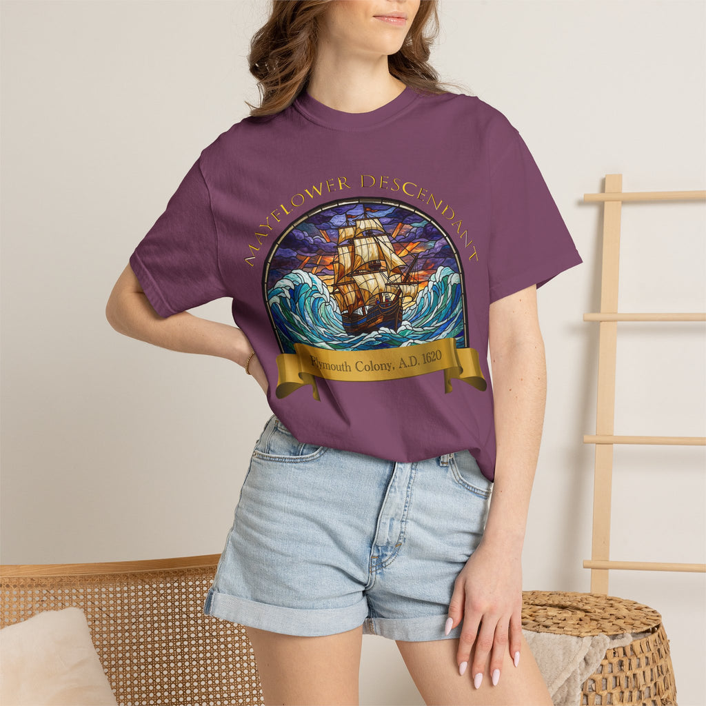 T-Shirt — "Mayflower Descendant: Plymouth Colony A.D. 1620" Vintage Ship Design