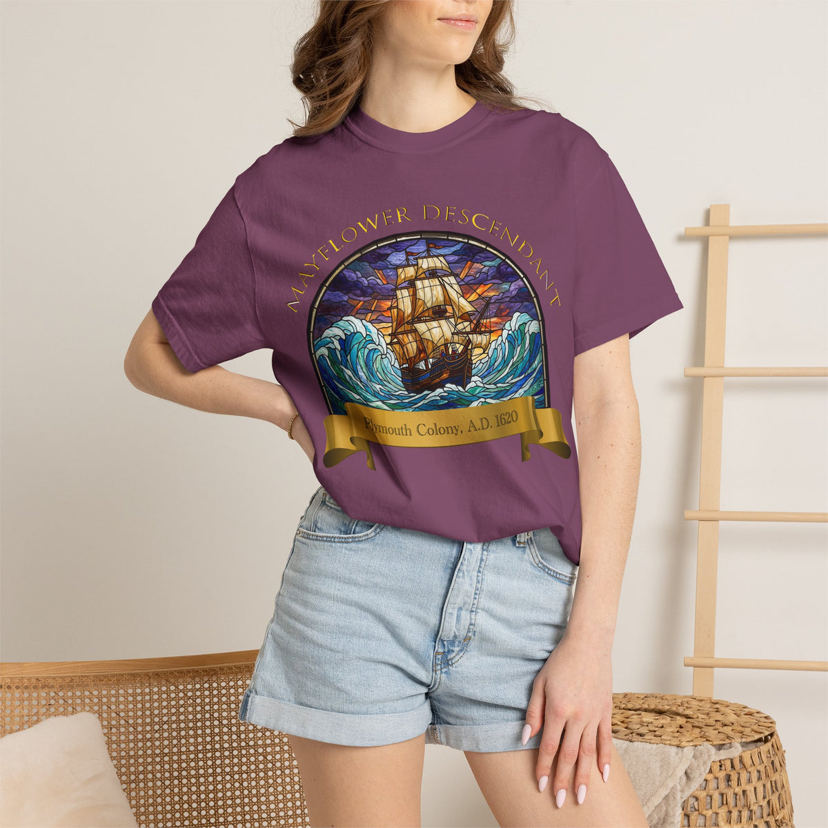 T-Shirt — "Mayflower Descendant: Plymouth Colony A.D. 1620" Vintage Ship Design