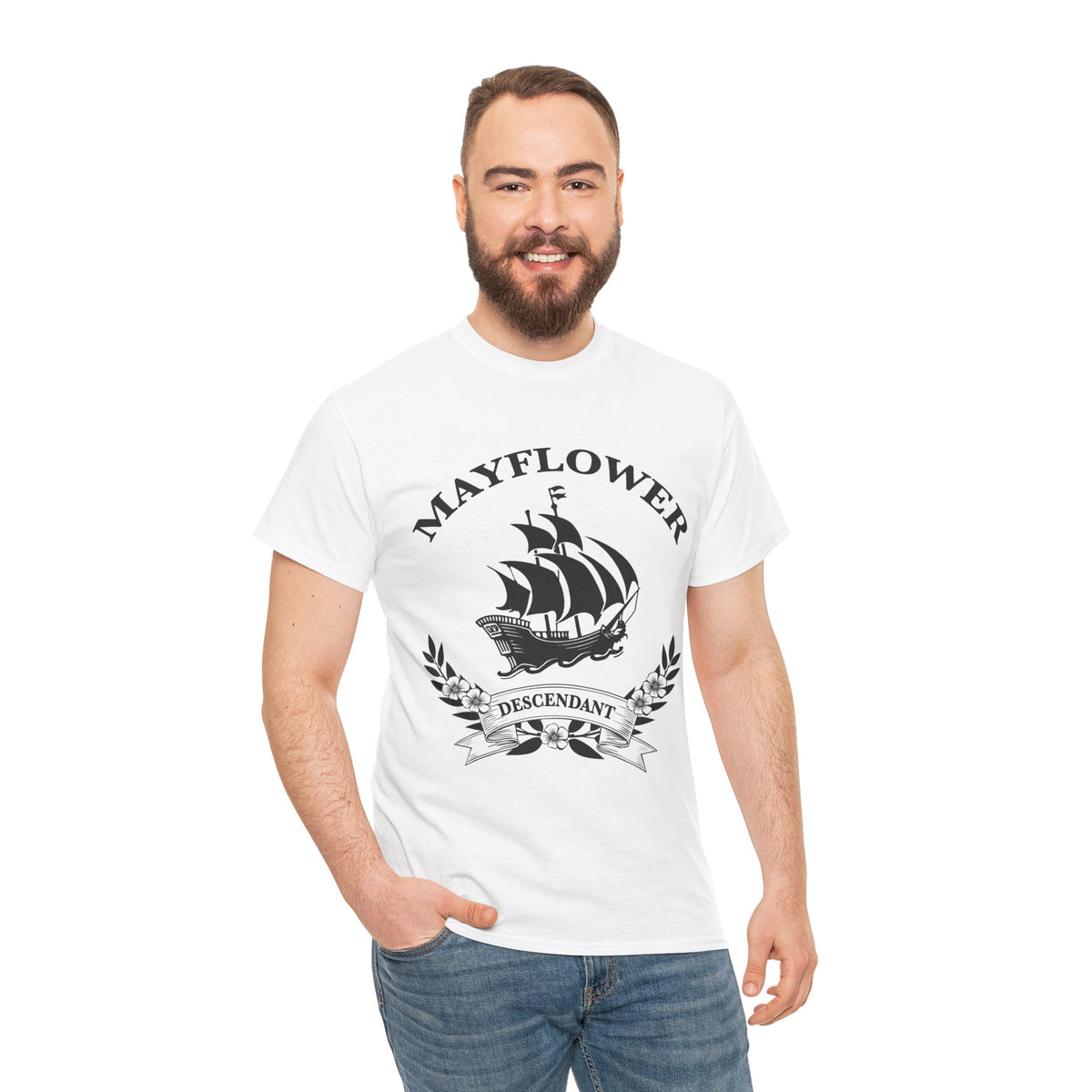 Mayflower Descendant Tee with Vintage Ship and Banner