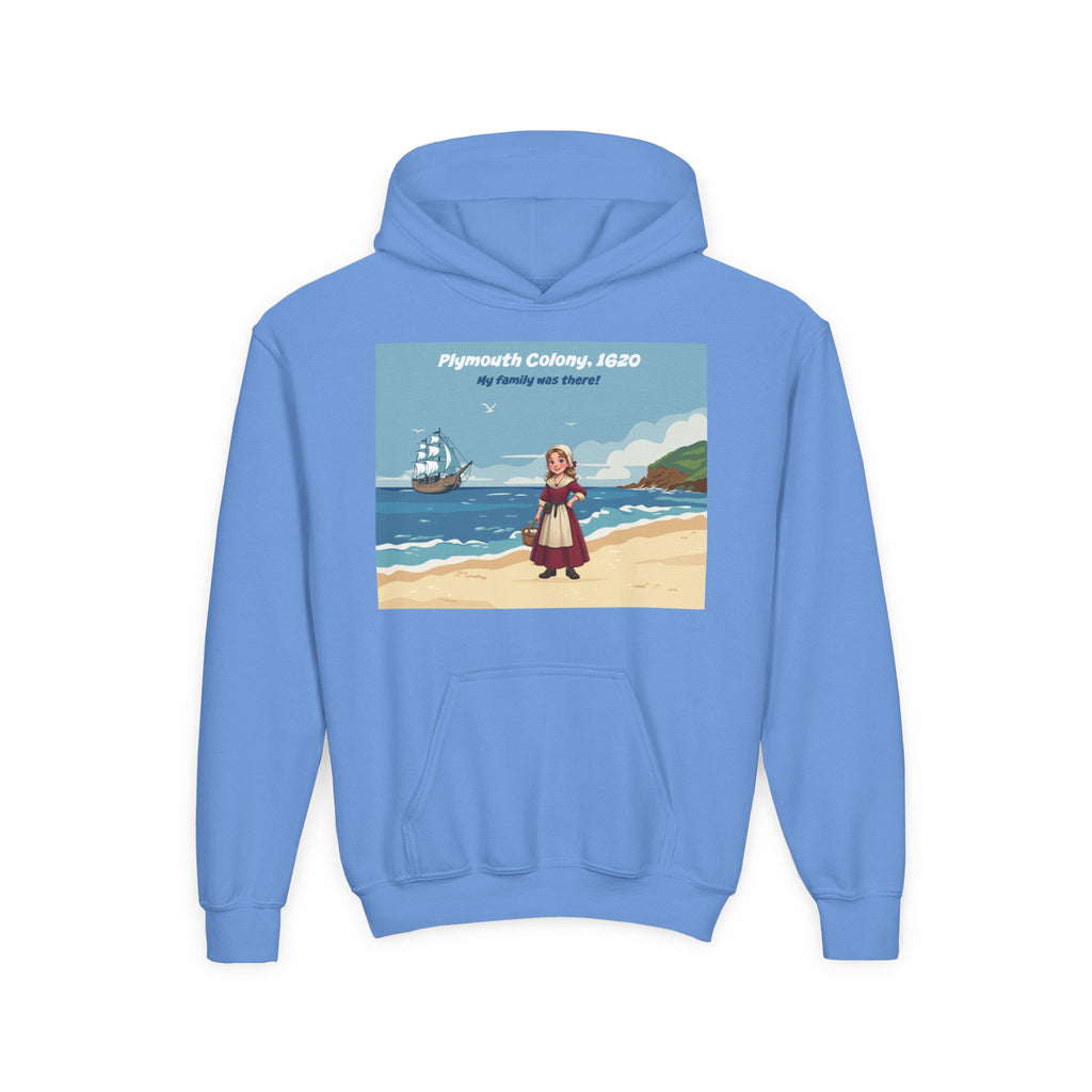 Youth Mayflower Descendant Hoodie - Pilgrim Girl Illustration