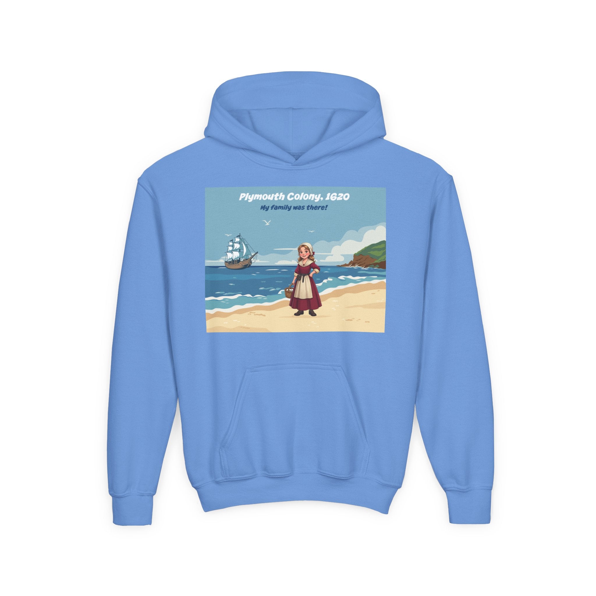 Youth Mayflower Descendant Hoodie - Pilgrim Girl Illustration