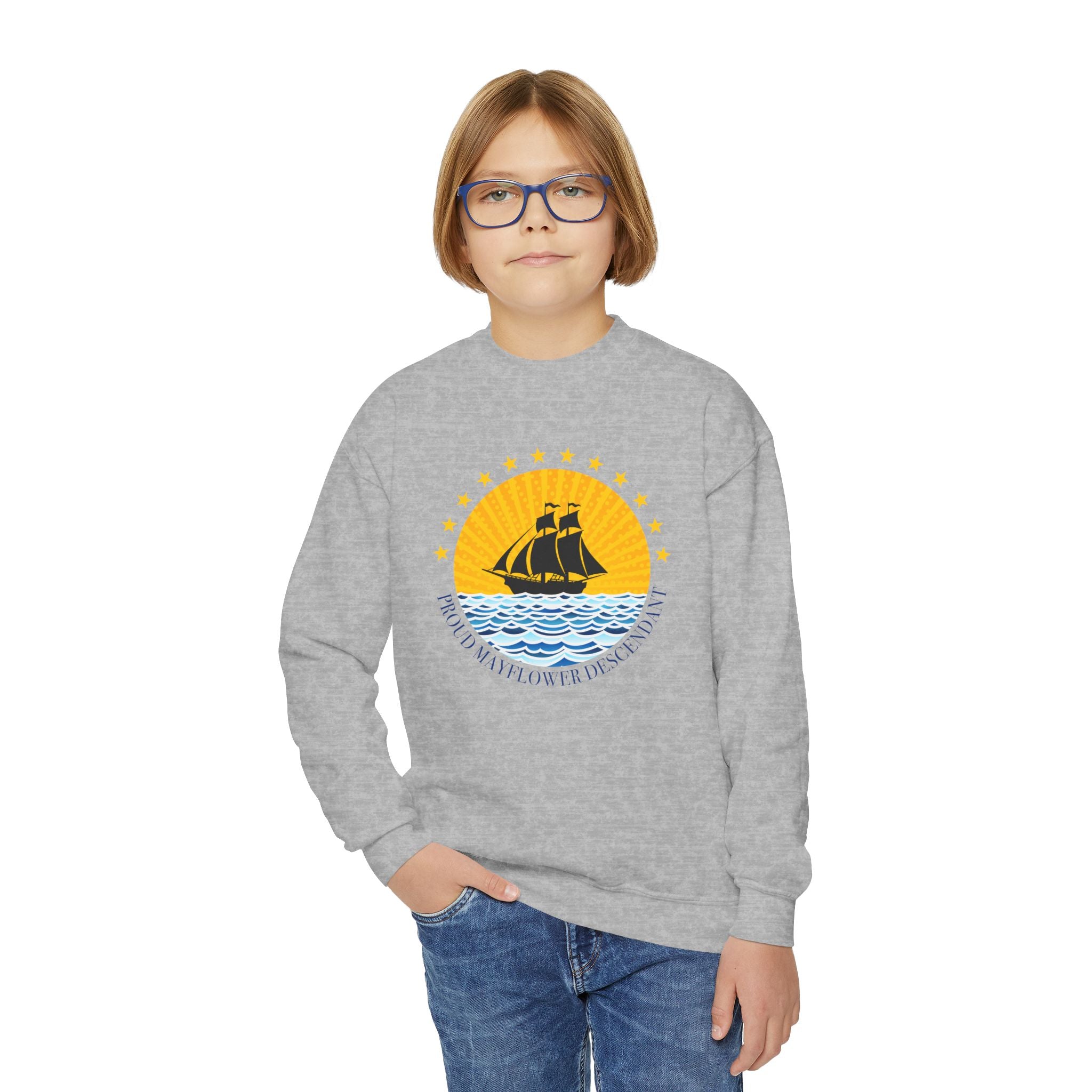 Youth Crewneck Sweatshirt — Proud Mayflower Descendant