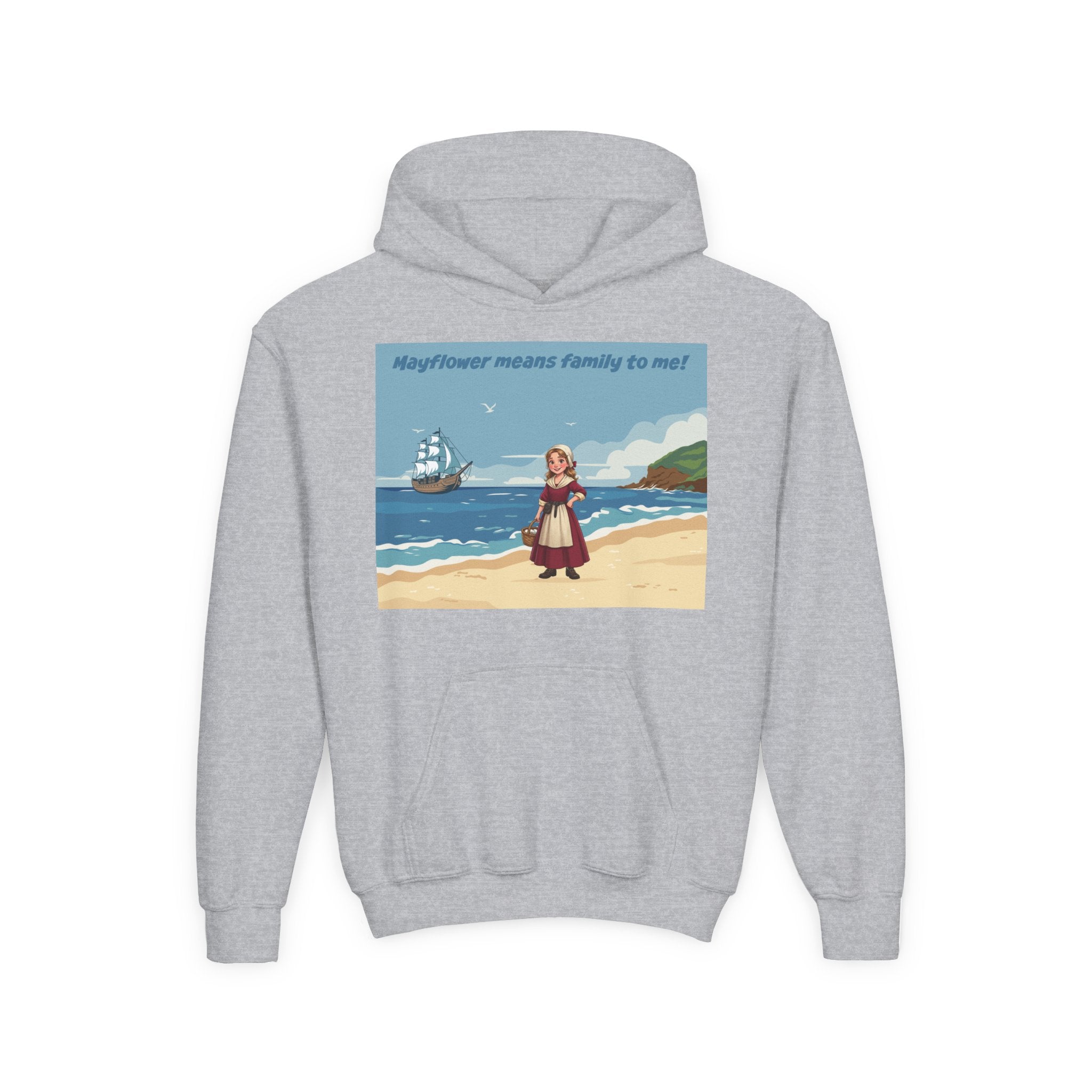 Youth Mayflower Descendant Hoodie - Pilgrim Girl Illustration