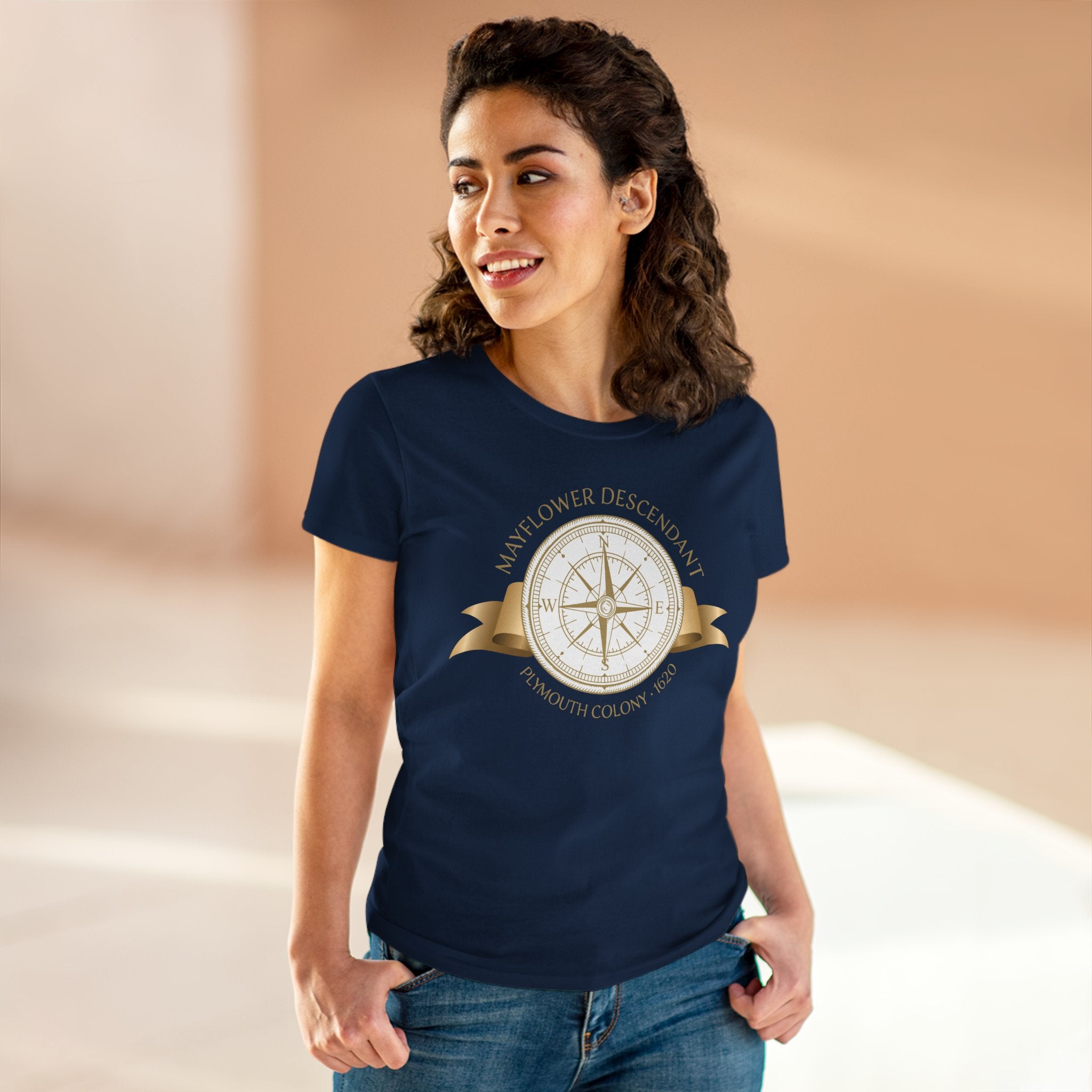 Mayflower Descendant Tee with Golden Compass Motif