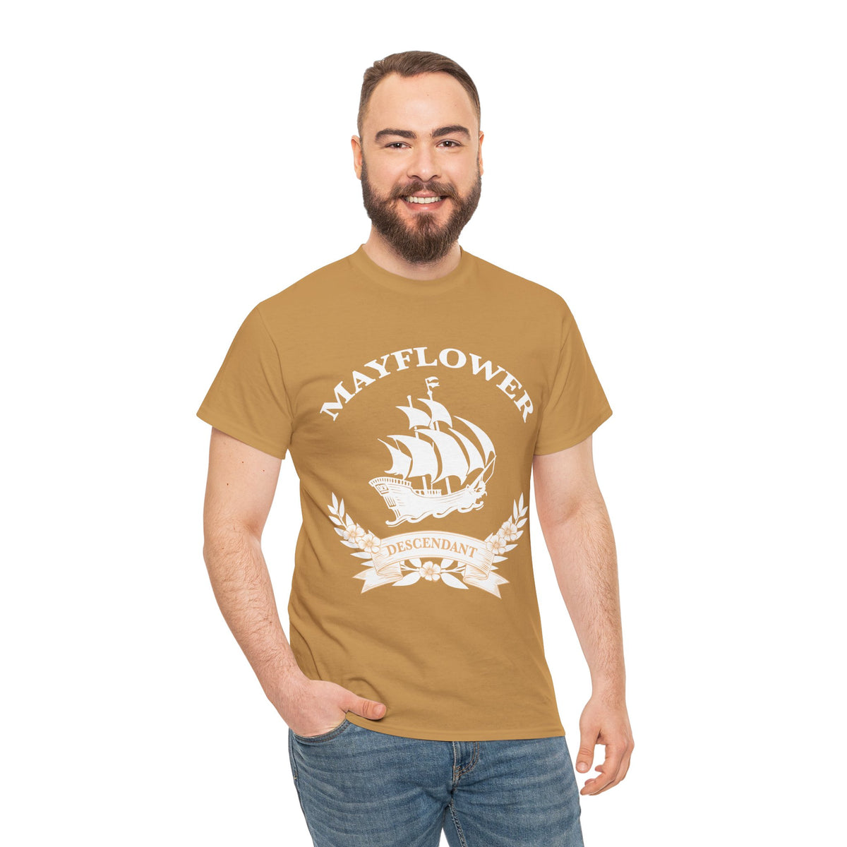 Mayflower Descendant Tee with Vintage Ship and Banner