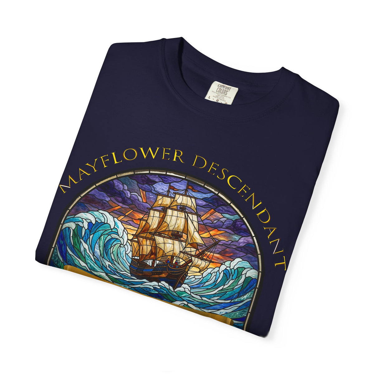 T-Shirt — "Mayflower Descendant: Plymouth Colony A.D. 1620" Vintage Ship Design
