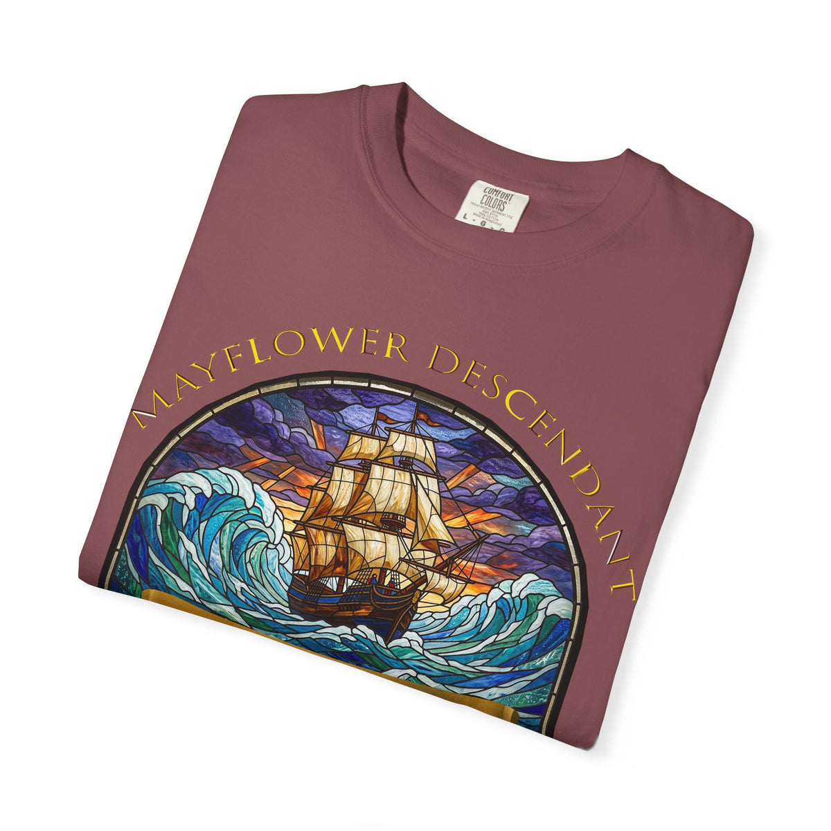 T-Shirt — "Mayflower Descendant: Plymouth Colony A.D. 1620" Vintage Ship Design