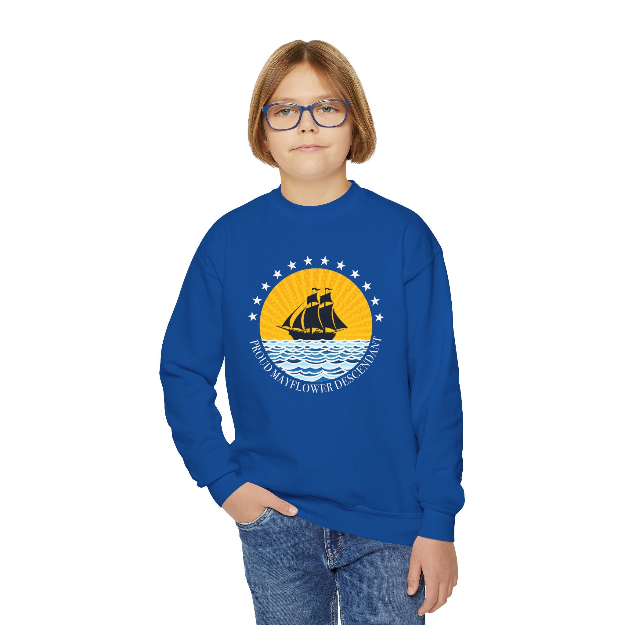 Youth Crewneck Sweatshirt — Proud Mayflower Descendant
