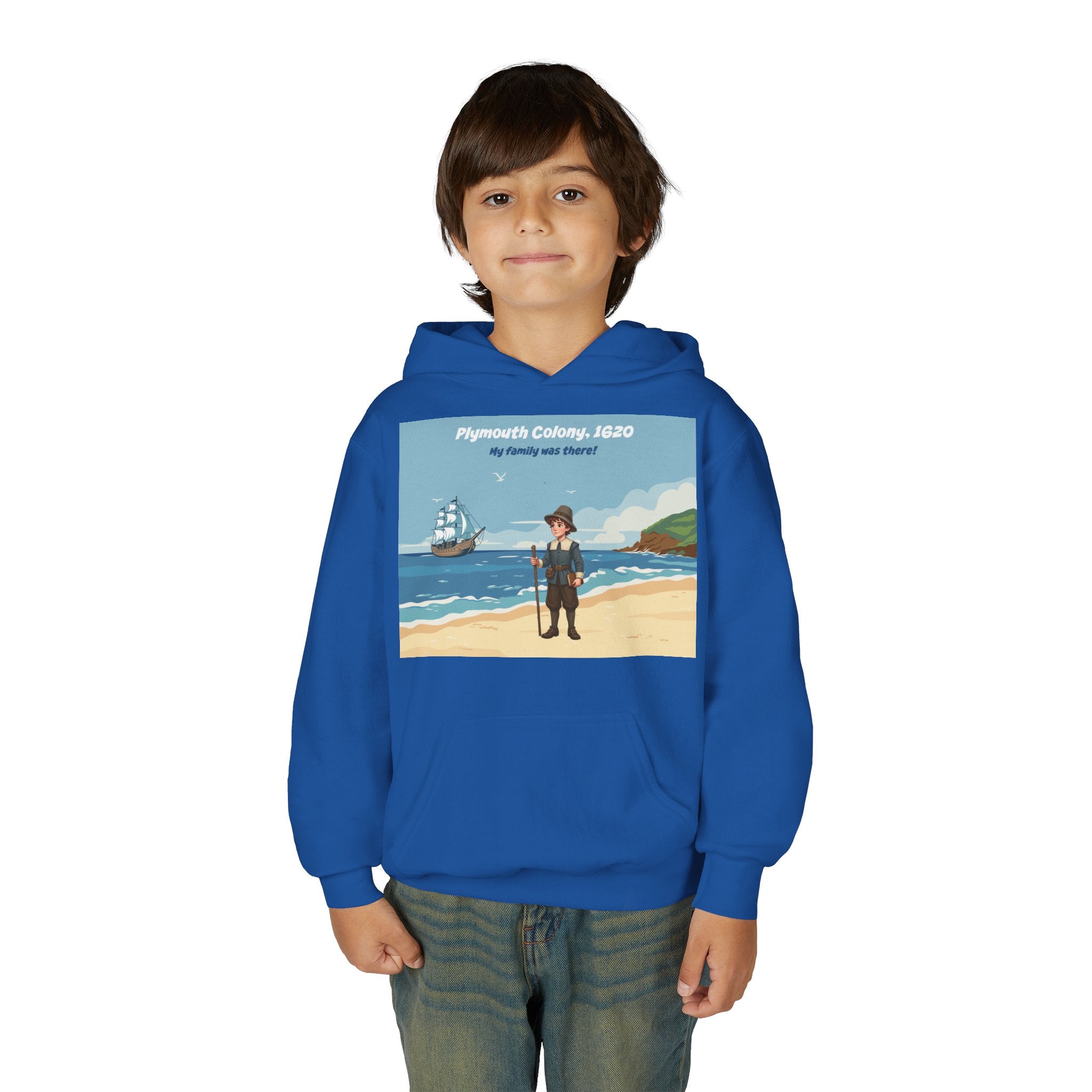 Youth Mayflower Descendant Hoodie - Pilgrim Boy Illustration