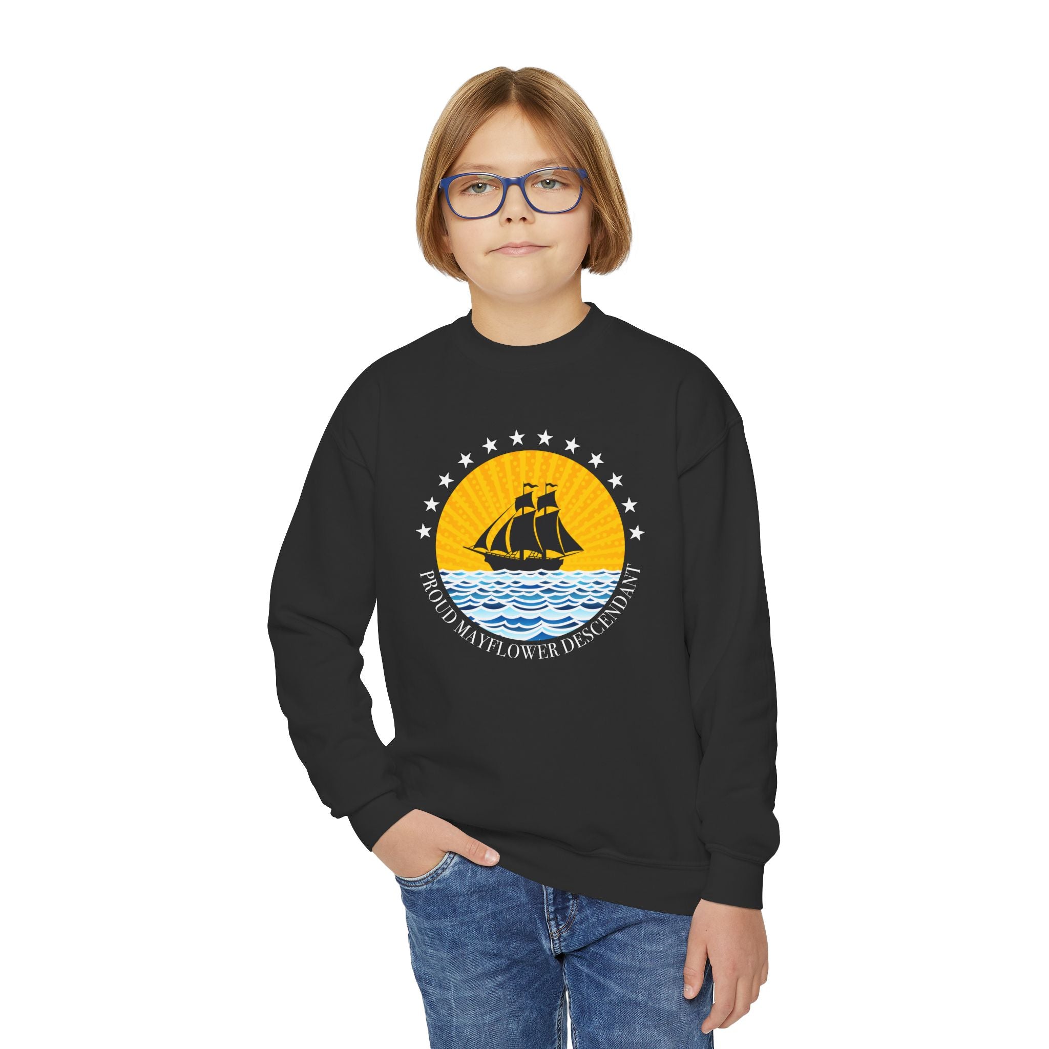 Youth Crewneck Sweatshirt — Proud Mayflower Descendant