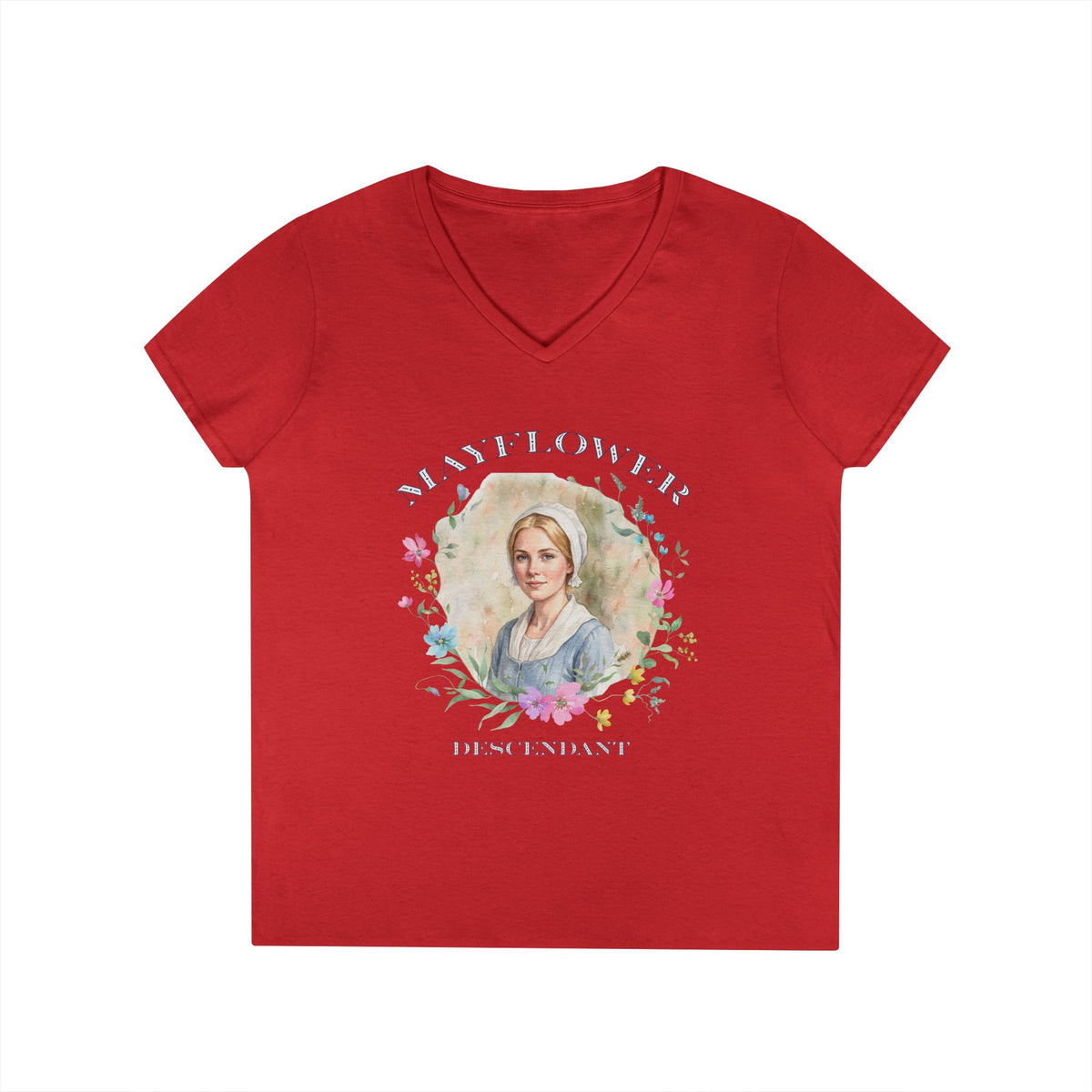 "Mayflower Maiden" Portrait V-Neck Tee - Extra Large Sizes