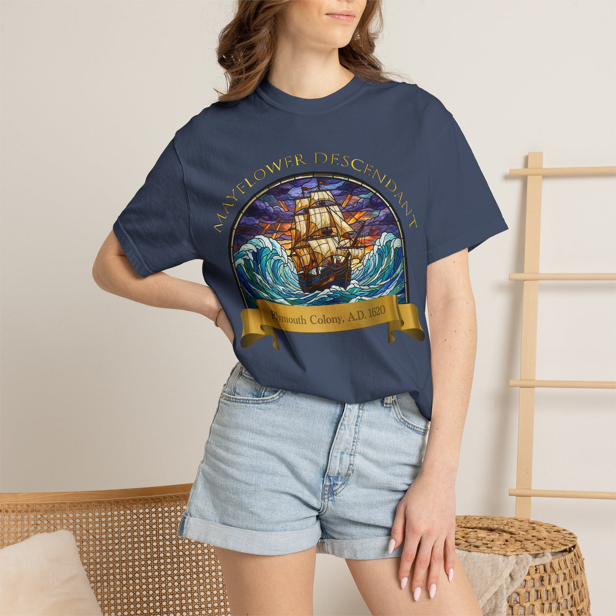 T-Shirt — "Mayflower Descendant: Plymouth Colony A.D. 1620" Vintage Ship Design