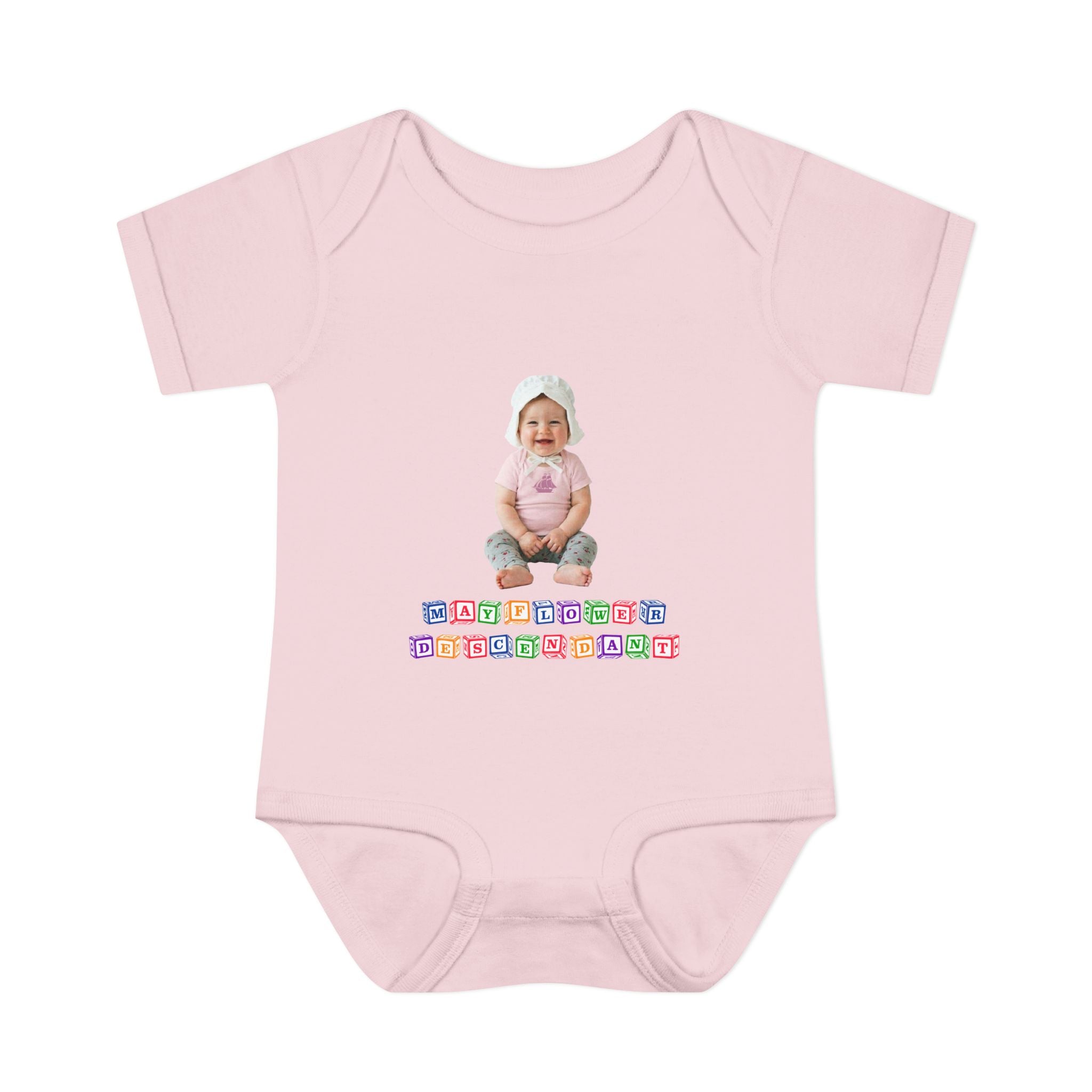 Mayflower Descendant Bodysuit for Baby Girls — Alphabet Blocks Motif