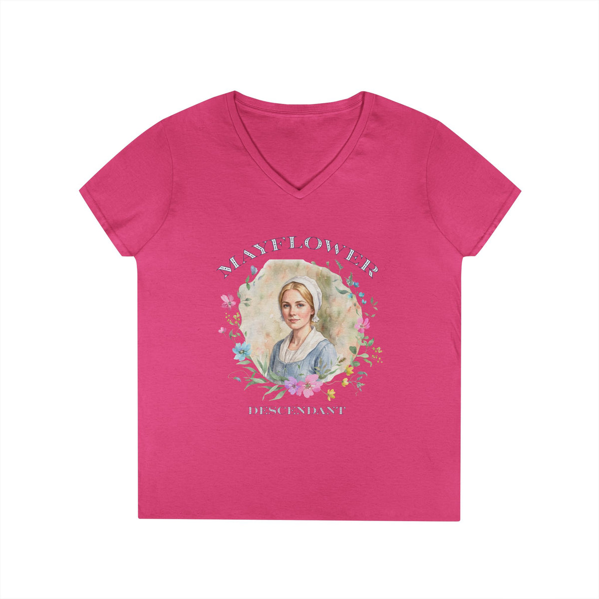 "Mayflower Maiden" Portrait V-Neck Tee - Extra Large Sizes