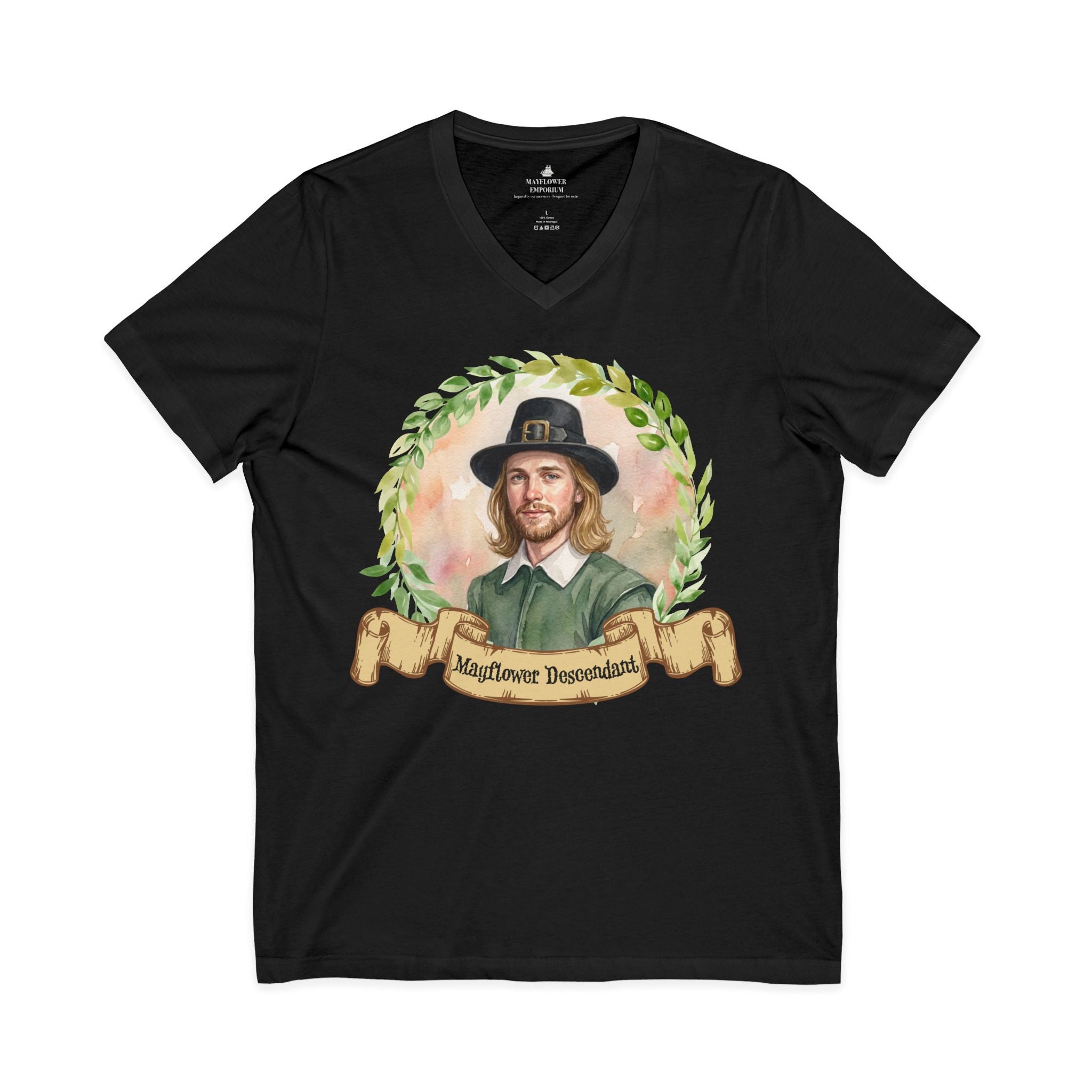 Young Mayflower Pilgrim Portrait V-Neck Tee