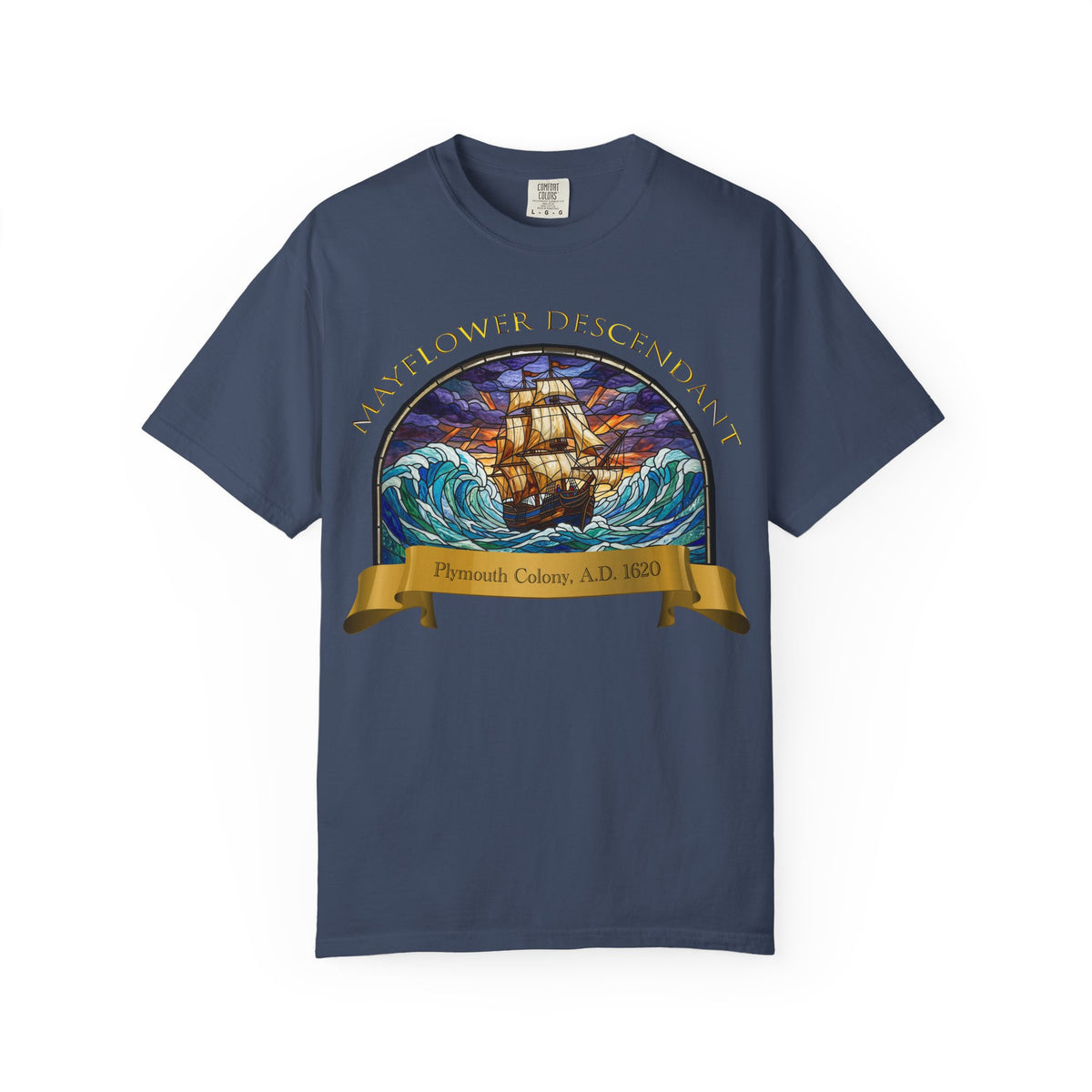 T-Shirt — "Mayflower Descendant: Plymouth Colony A.D. 1620" Vintage Ship Design